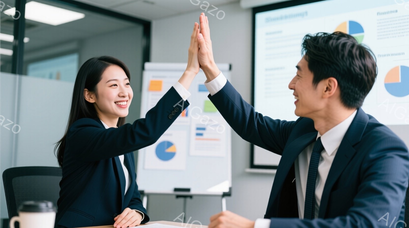 ビジネスシーンで、一人の女性と一人の男性がハイタッチをしています。女性は紺色のスーツを着ており、髪は後ろでまとめています。男性は白シャツにネクタイ、グレーのジャケットを着ており、二人とも笑顔で、テーブ - AI生成フリー素材