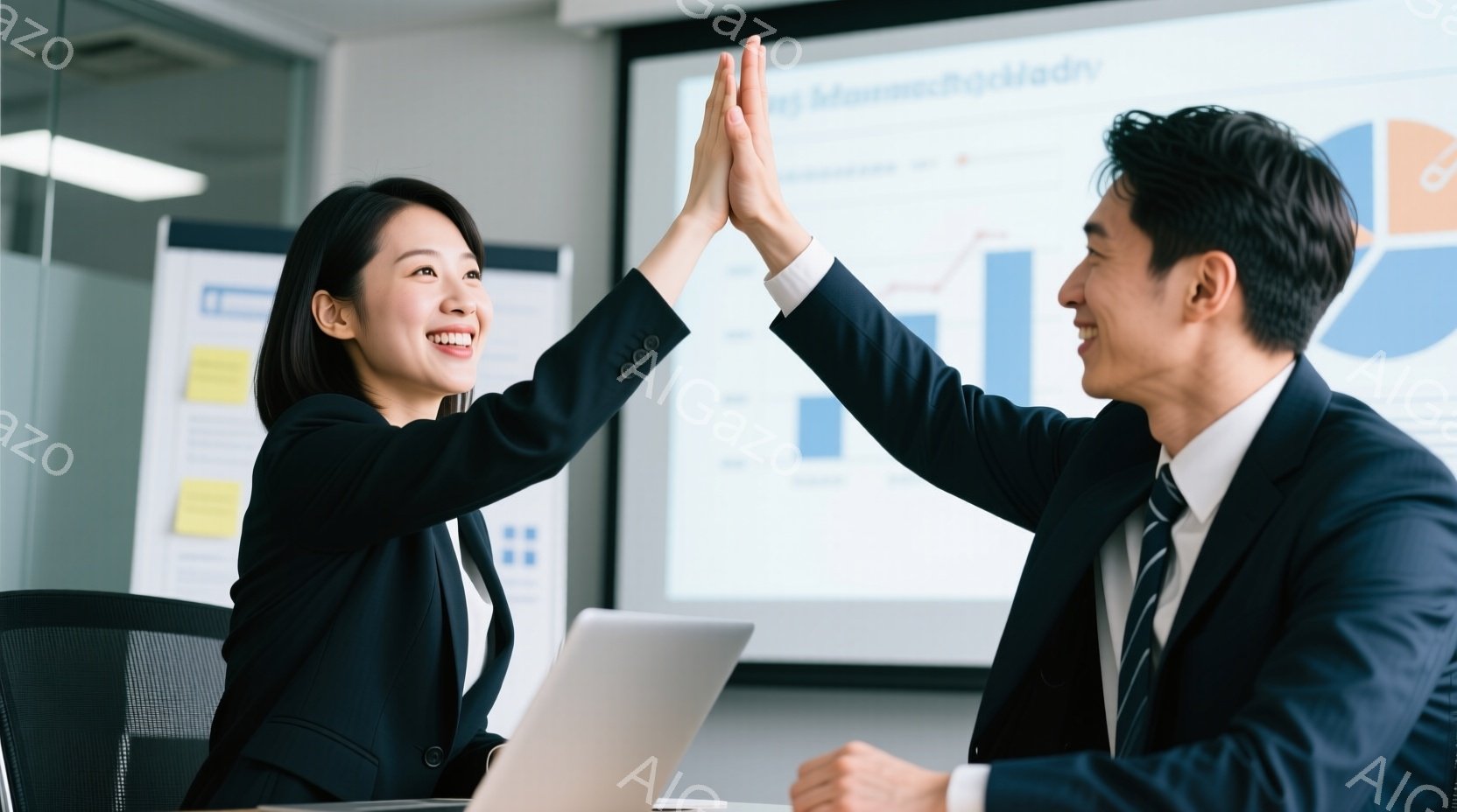 ビジネススーツを着た若い女性と男性が、ハイタッチをしています。女性は黒髪を肩まで伸ばし、笑顔でパソコンの前に座っています。背後にはグラフが表示されたスクリーンと、ポストイットが貼られたガラス張りの壁があり、明るいオフィス空間で成功を祝っているような、活気のある雰囲気が伝わってきます。