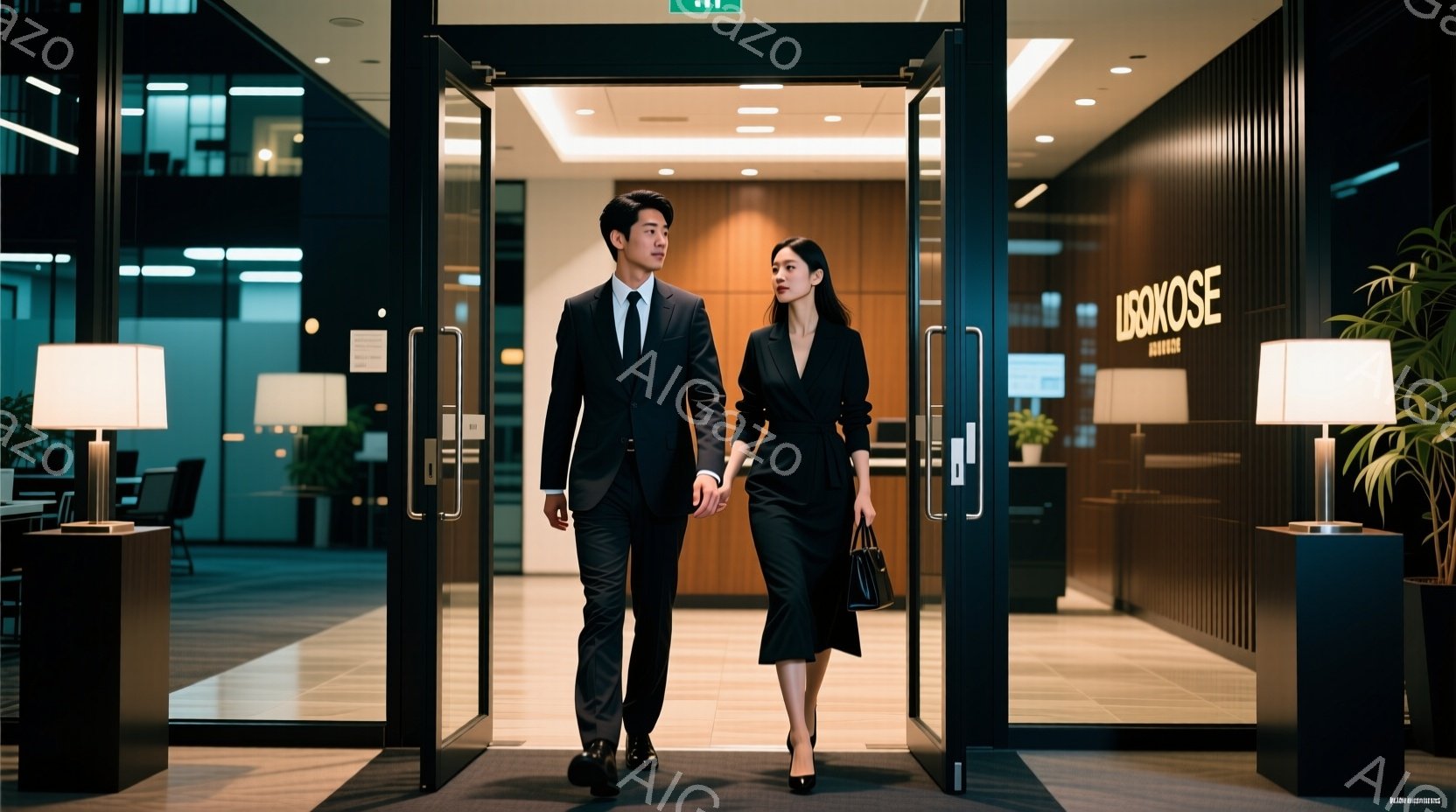 この画像では、一組の男女が建物の入り口から歩いて出てくる様子が描かれています。男性は黒いスーツとネクタイ、女性は黒いドレスを着ており、共に洗練された印象を与えます。背景にはモダンなロビーが見え、高級感と落ち着いた雰囲気が漂っています。