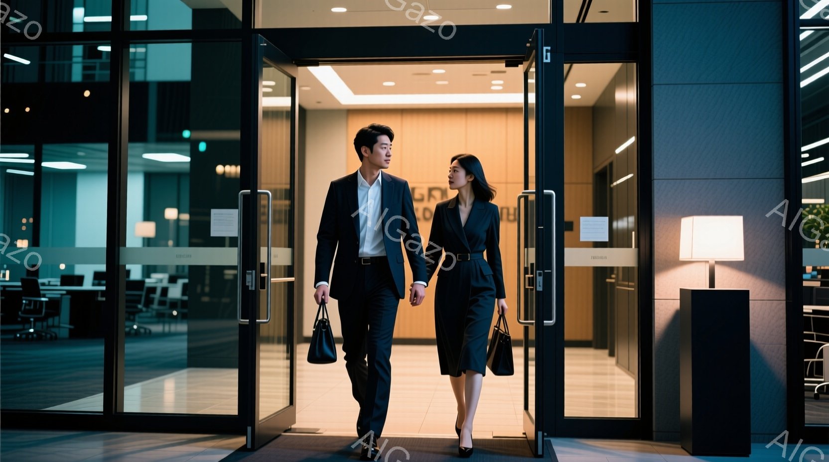 ビジネススーツを着た男女が、ガラス張りの建物の入り口から歩き出している様子が写っている。男性は黒いスーツに白いシャツ、女性はネイビーのワンピーススーツ姿で、共に黒いバッグを肩にかけている。背景はオフィス空間で、モダンで洗練された雰囲気であり、二人は自信に満ちた表情で、ビジネスシーンへと向かっているように見える。