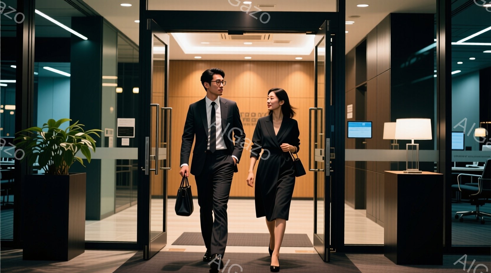 ビジネスマンとビジネスウーマンが、オフィスビルの入り口から歩いてくる様子が捉えられています。男性は黒いスーツにネクタイ、女性は黒いワンピース姿で、どちらも落ち着いた表情で、手にはそれぞれバッグを持っています。背景はモダンなオフィス空間で、ガラス張りの壁やデスクチェアが見え、全体的に洗練された雰囲気です。
