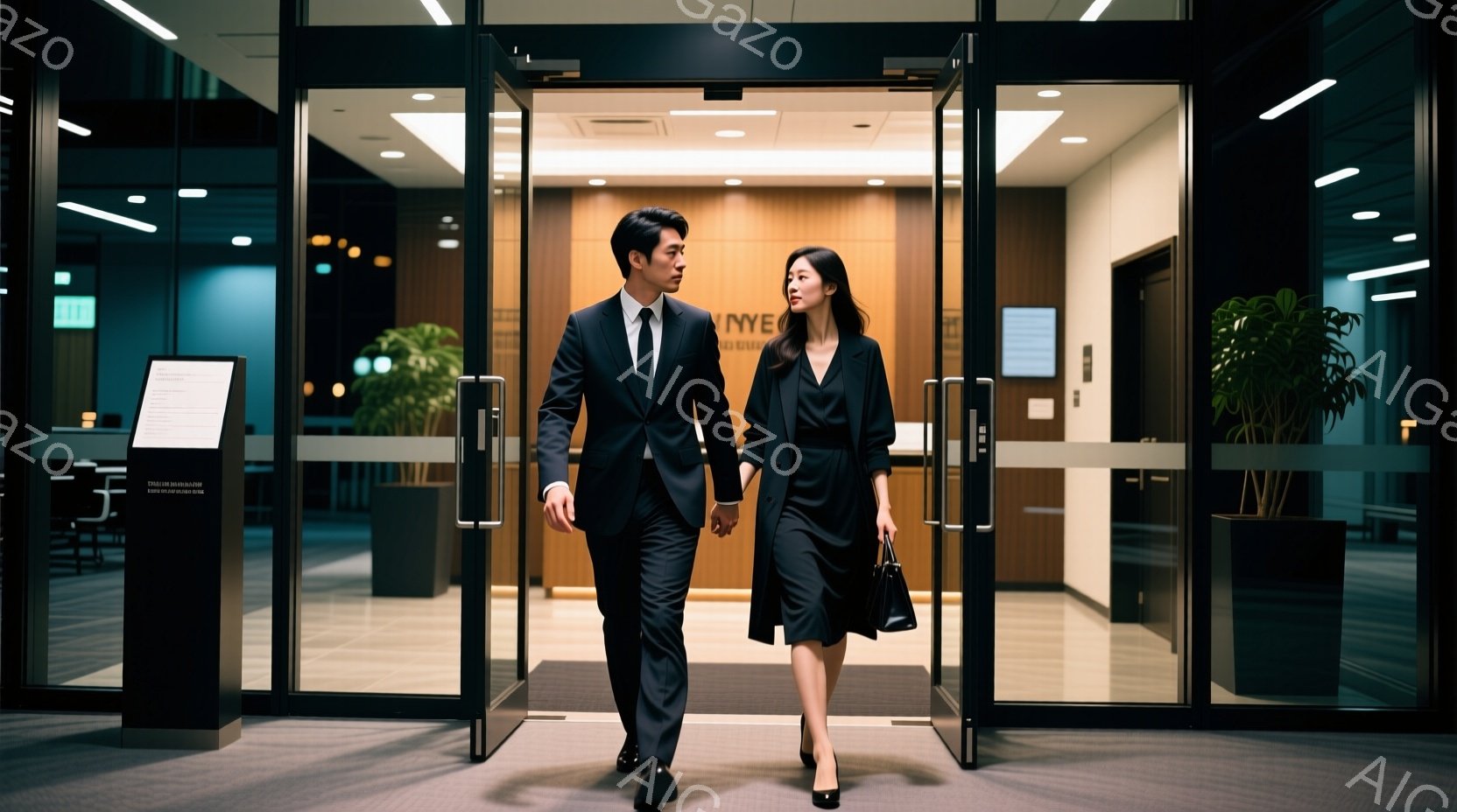 スーツ姿の男女が、ガラス張りの建物の入り口から歩き出している様子が写っている。男性は黒のスーツ、女性は黒いワンピースを着用し、お互いの手を握り合っている。背景は近代的なオフィス空間で、植物が配置されており、全体的に洗練された雰囲気を醸し出している。