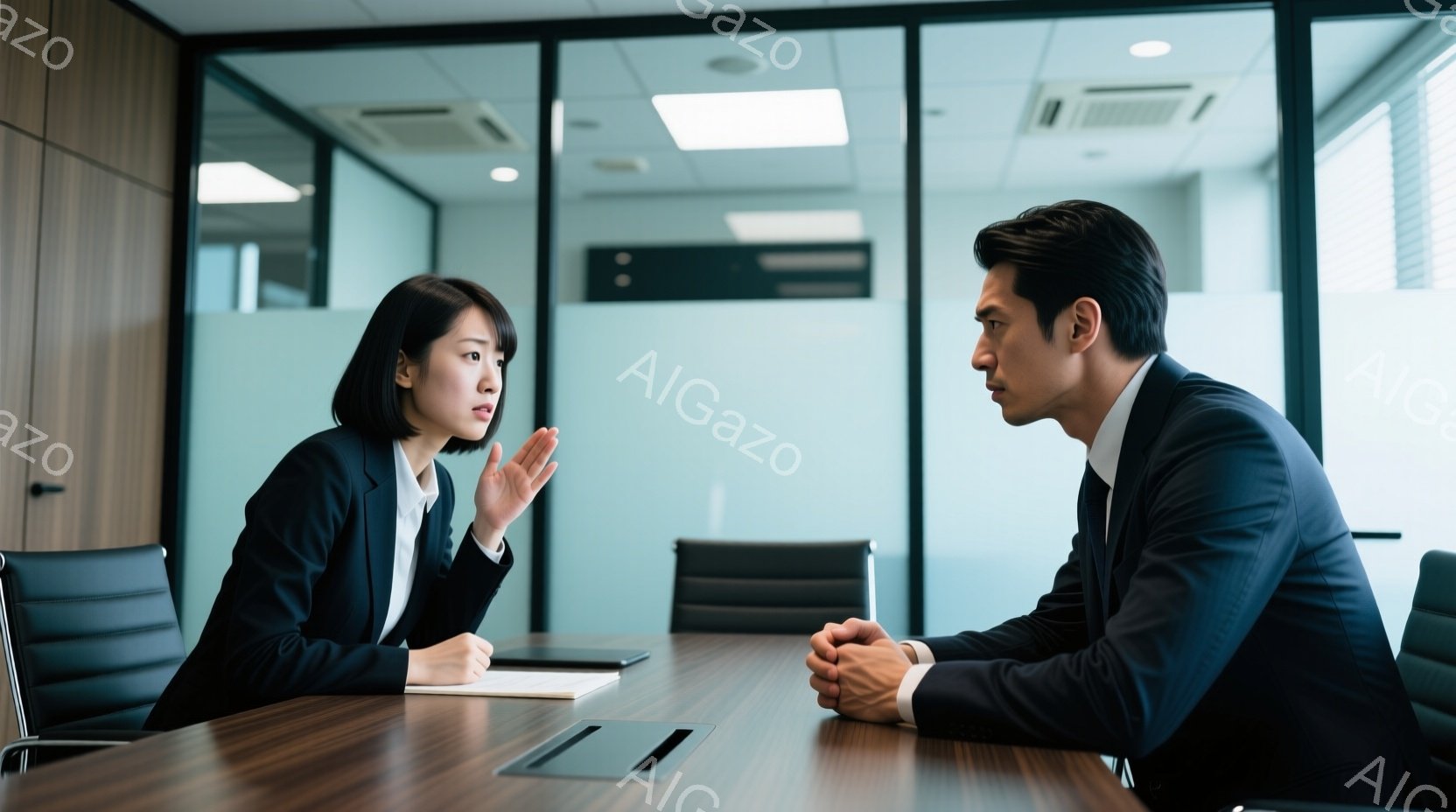 会議室で、一人の女性と一人の男性が向かい合って座っています。女性は黒いスーツを着ており、髪は後ろでまとめています。彼女は片手を挙げて何かを説明しているように見え、真剣な表情をしています。男性も黒いスー - AI生成フリー素材