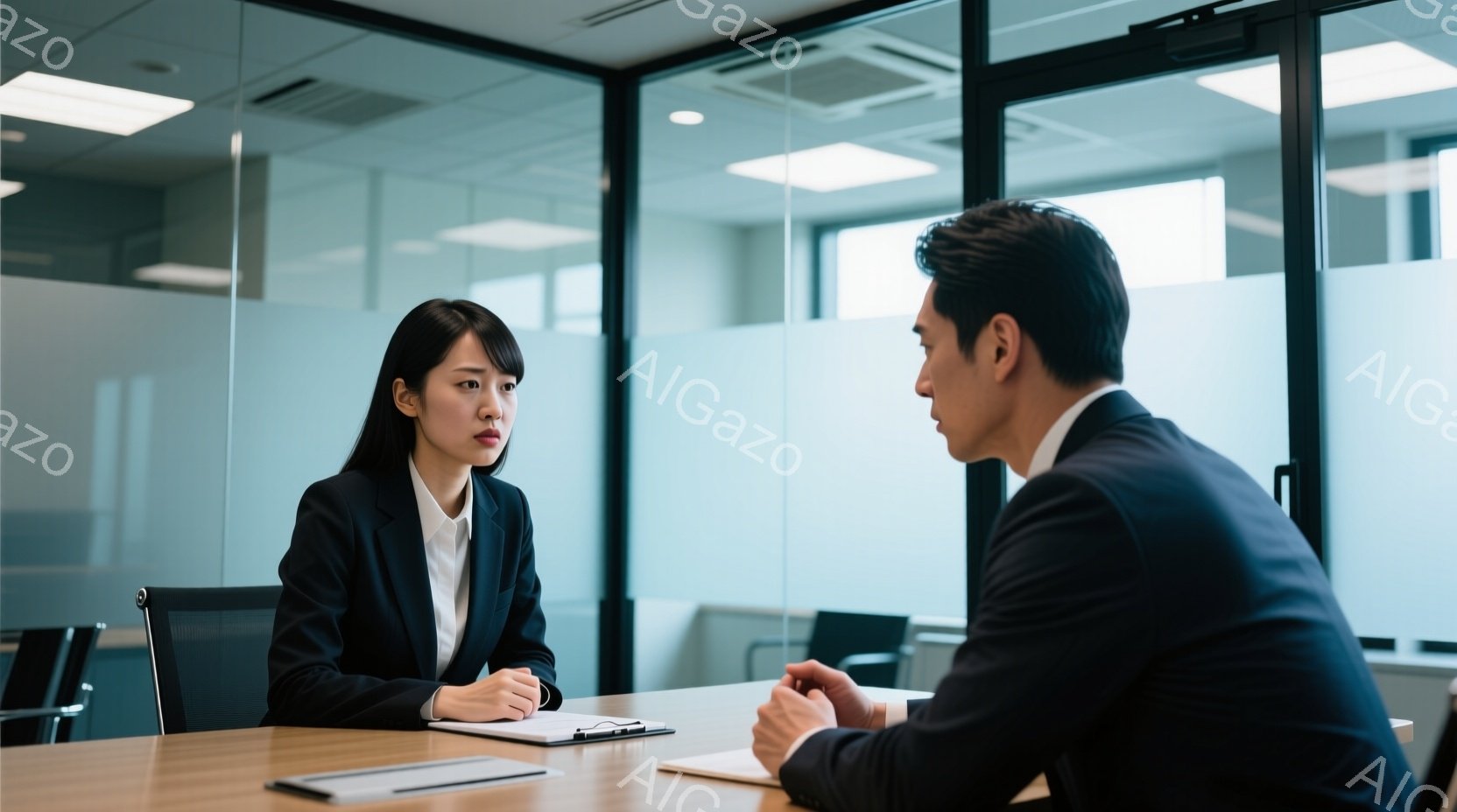 若い女性が面接官と向かい合って座っており、黒いジャケットと白いブラウスを着ています。彼女はやや緊張した表情で、手には書類が置かれています。背景はオフィスで、明るい光が差し込み、落ち着いた雰囲気です。 - AI生成フリー素材