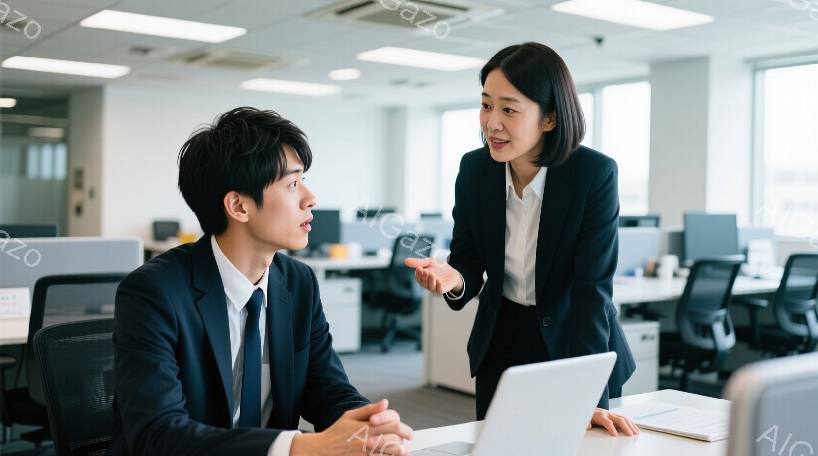 一人の男性と女性がオフィスで対話している様子が写っています。男性は紺色のスーツにネクタイを締め、女性は白いシャツに紺色のジャケットを羽織っています。両者とも真剣な表情で、女性は身振り手振りで説明しており、男性はそれを聞き入っています。