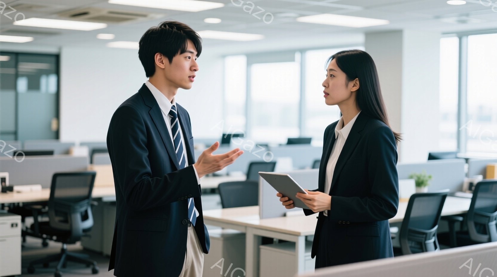 紺色のブレザーにベージュのパンツの男性と、黒いジャケットにスカートの女性がオフィスで話しています。男性は片手を上げて何かを説明している様子で、女性はタブレットを持って少し真剣な表情をしています。背景に - AI生成フリー素材