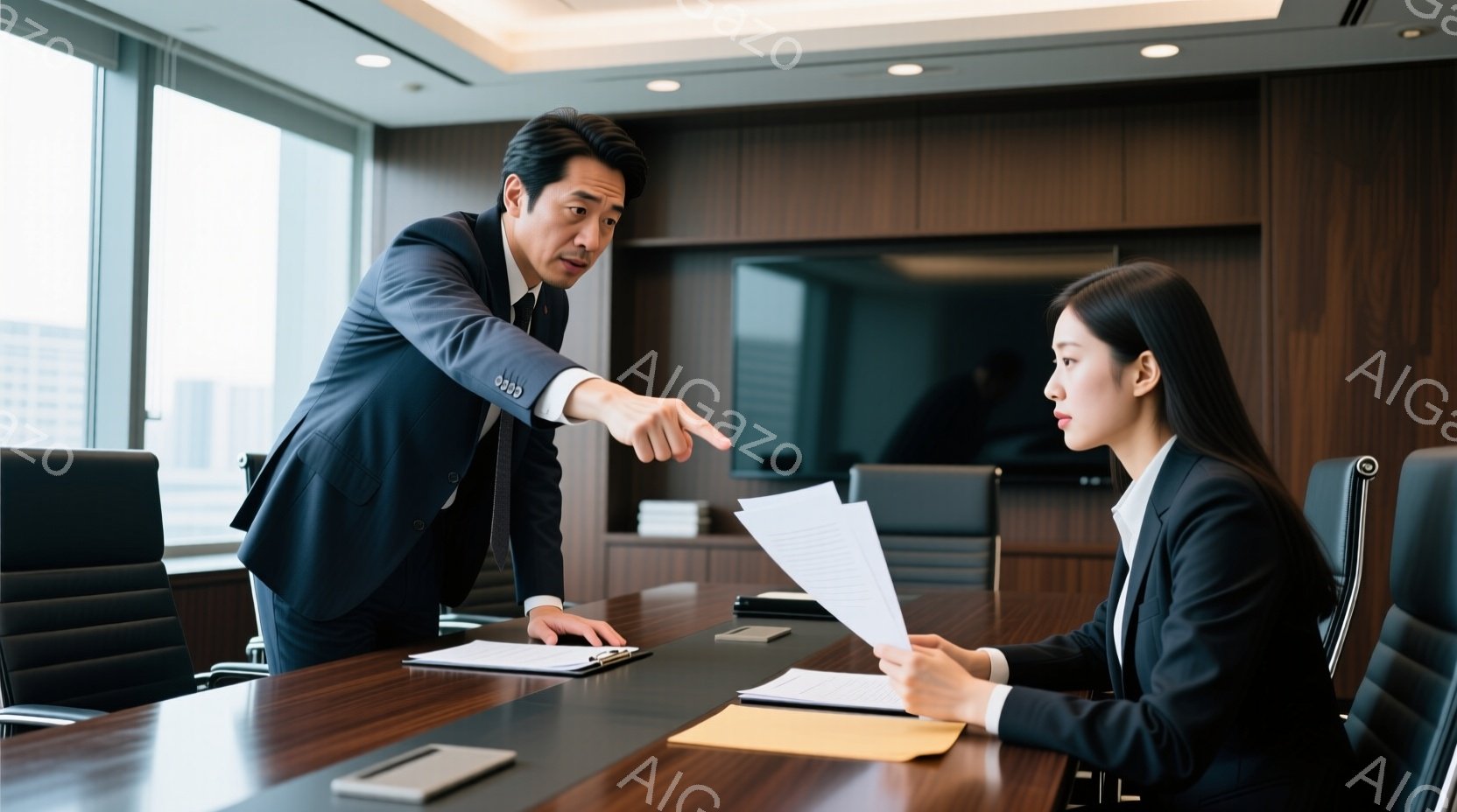 紺色のスーツを着た男性が書類を指しながら女性に何かを説明している様子です。女性は黒いスーツ姿で、少し困惑した表情で書類を見つめています。背景には大きな窓から都市の景色が見え、会議室の重厚な雰囲気と対照的です。