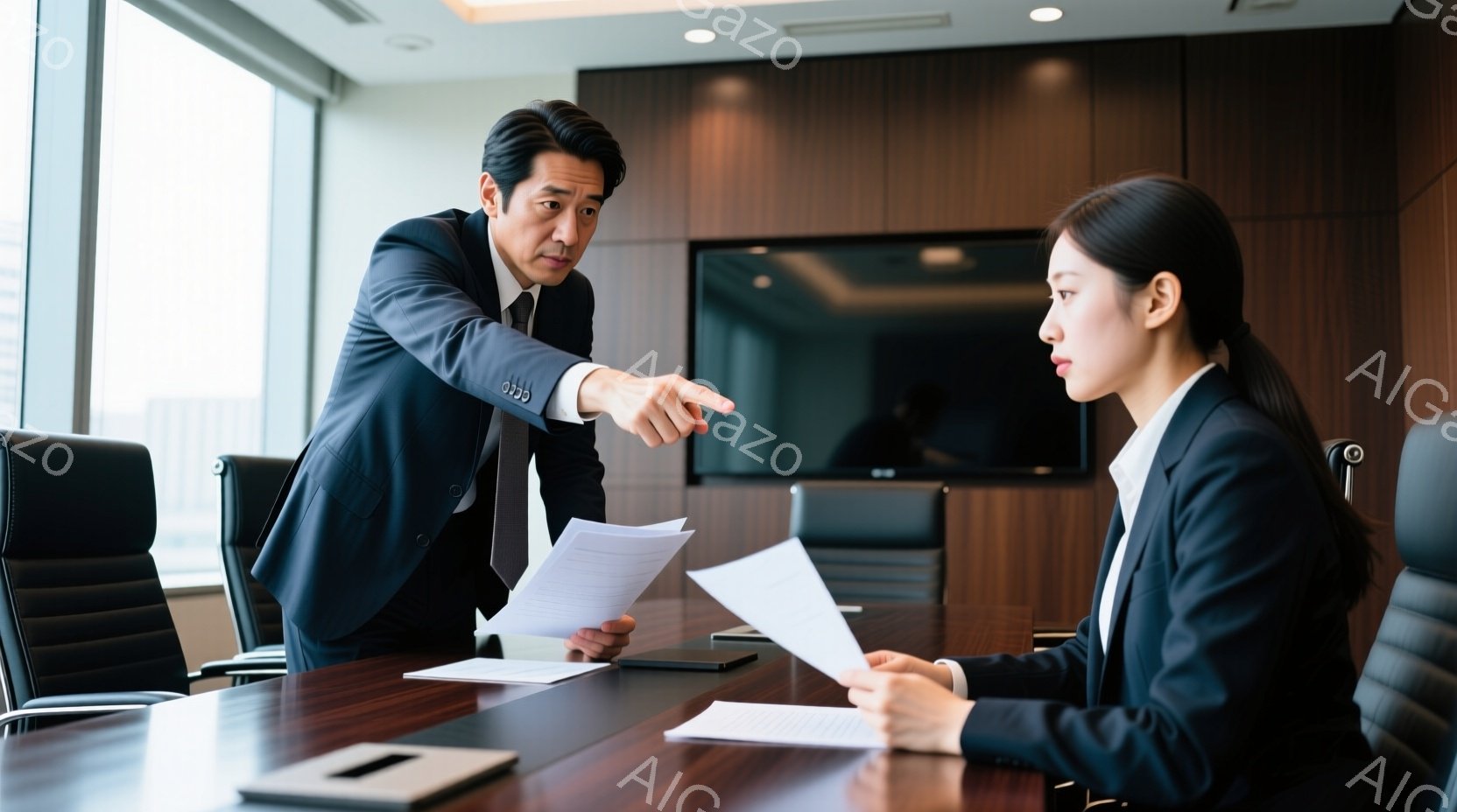 紺色のスーツを着た男性が書類を指しながら何かを強く主張している様子で、厳しい表情をしている。対面で座る女性も紺色のスーツを着ており、ややうつむき加減で書類を見つめているが、表情は読み取りにくい。背景には大きな窓があり、高層ビル群が見えるオフィス内の会議室で、重々しい雰囲気が漂っている。