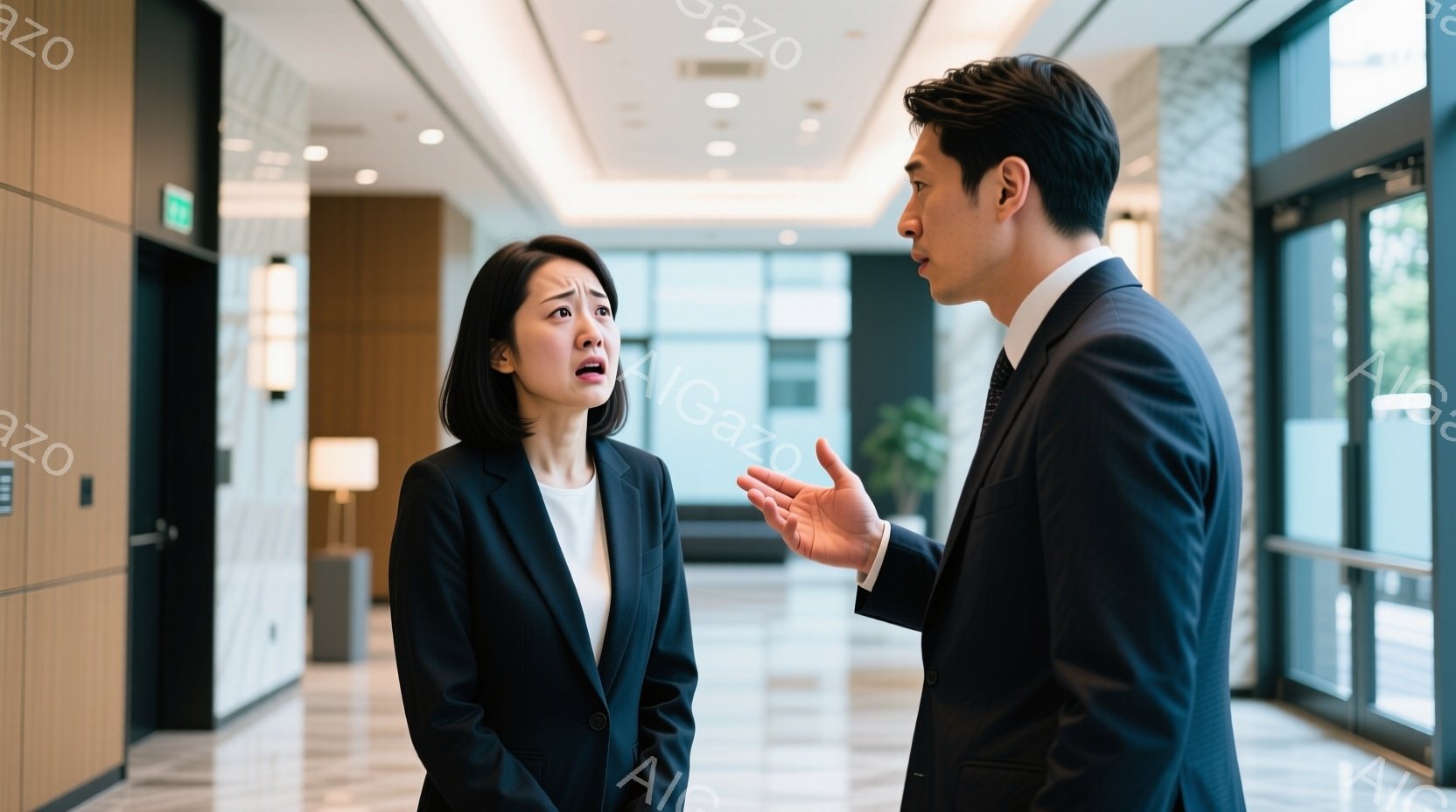スーツを着た男女が廊下に立っている様子が写っています。女性は黒いスーツで、驚いた表情をしており、男性は身振り手振りをしながら何かを説明しているようです。背景はモダンなホテルの廊下で、ベージュとグレーの - AI生成フリー素材
