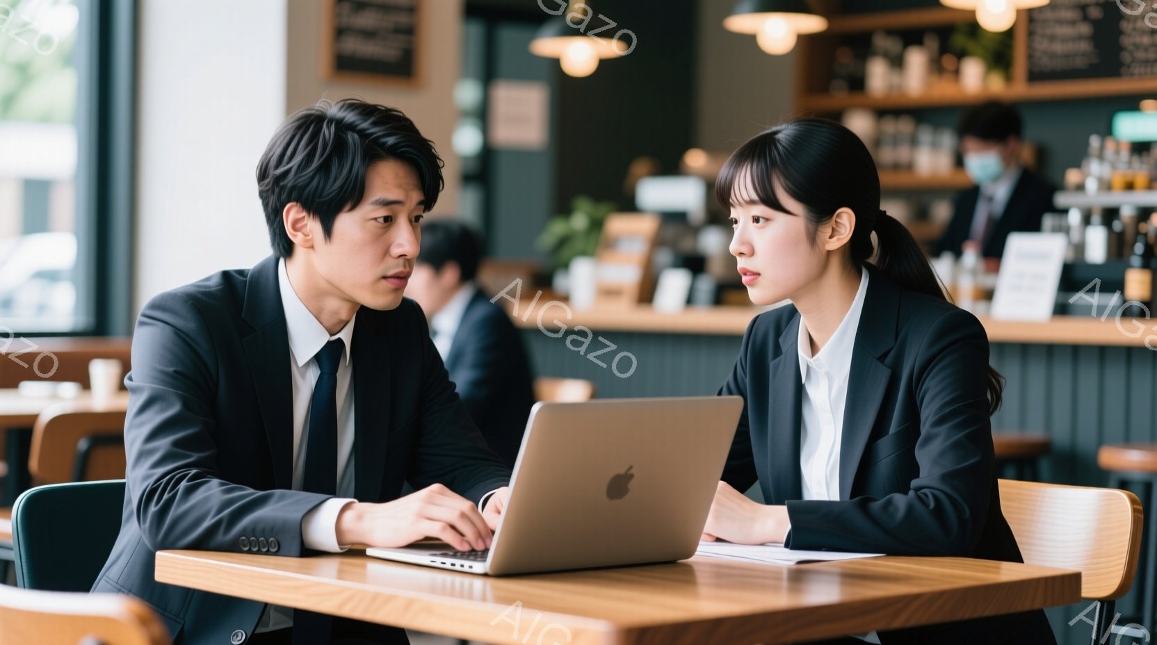 ビジネススーツを着た若い男女が、木製のテーブルを挟んで向かい合って座っています。男性はノートパソコンのキーボードを操作しており、女性は少し眉をひそめ、パソコンの画面をじっと見つめています。背景にはカフ - AI生成フリー素材