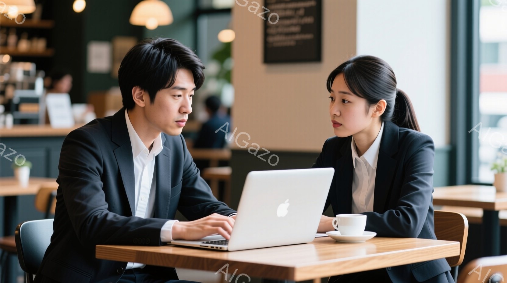二人のビジネスパーソンがカフェのテーブルに座り、ノートパソコンに向かっています。男性は黒いスーツに白いシャツで、真剣な表情でタイピングしており、女性は同じ服装で、やや心配そうな顔でパソコン画面を見つめ - AI生成フリー素材