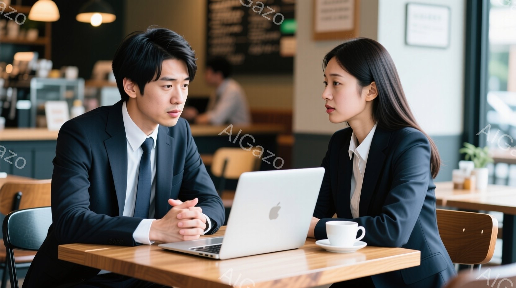 スーツを着た若い男女がカフェのテーブルを挟んで座り、ノートパソコンを見ながら真剣に話し合っている。男性は濃い色のスーツにネクタイを締め、女性は黒いスーツに白いシャツを着ており、互いに目を合わせ、真剣な - AI生成フリー素材