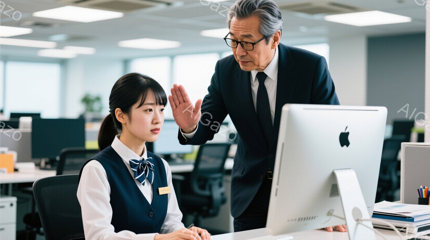 カフェのカウンターで働く女性店員と、その店員に話しかけている男性客が写っています。女性は黒髪のショートヘアで、エプロンと制服を着て、何かを説明しているような仕草をしています。男性はダークスーツを着ており、真剣な表情で女性の話を聞いています。