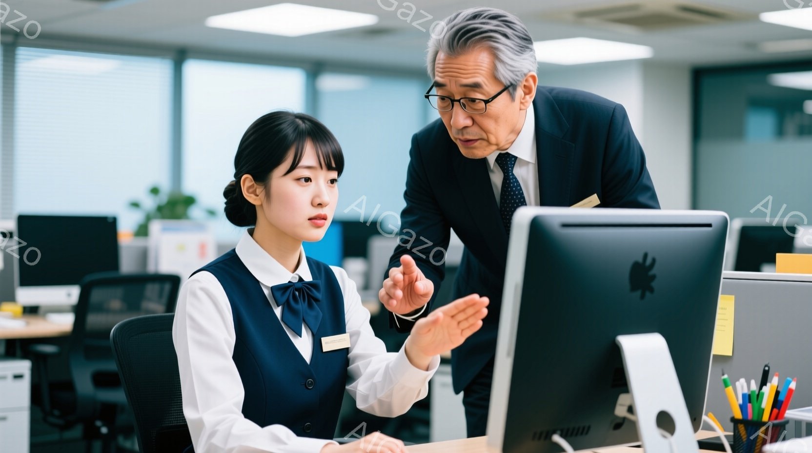 女性は紺色のベストと白いブラウスを着ており、髪は後ろで一つにまとめられています。彼女はコンピューター画面を見つめ、やや緊張した表情をしています。年配の男性はスーツ姿で、コンピューター画面を指しながら何 - AI生成フリー素材