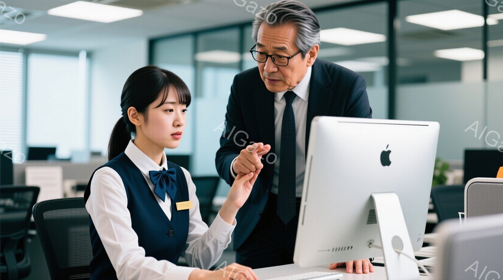 レジカウンターで、制服を着た若い女性店員が、スーツを着た男性客と向き合って話しています。女性は短い黒髪で、少し驚いたような表情をしています。背景には、コーヒーカップや商品が並んだ棚があり、明るいカフェ - AI生成フリー素材