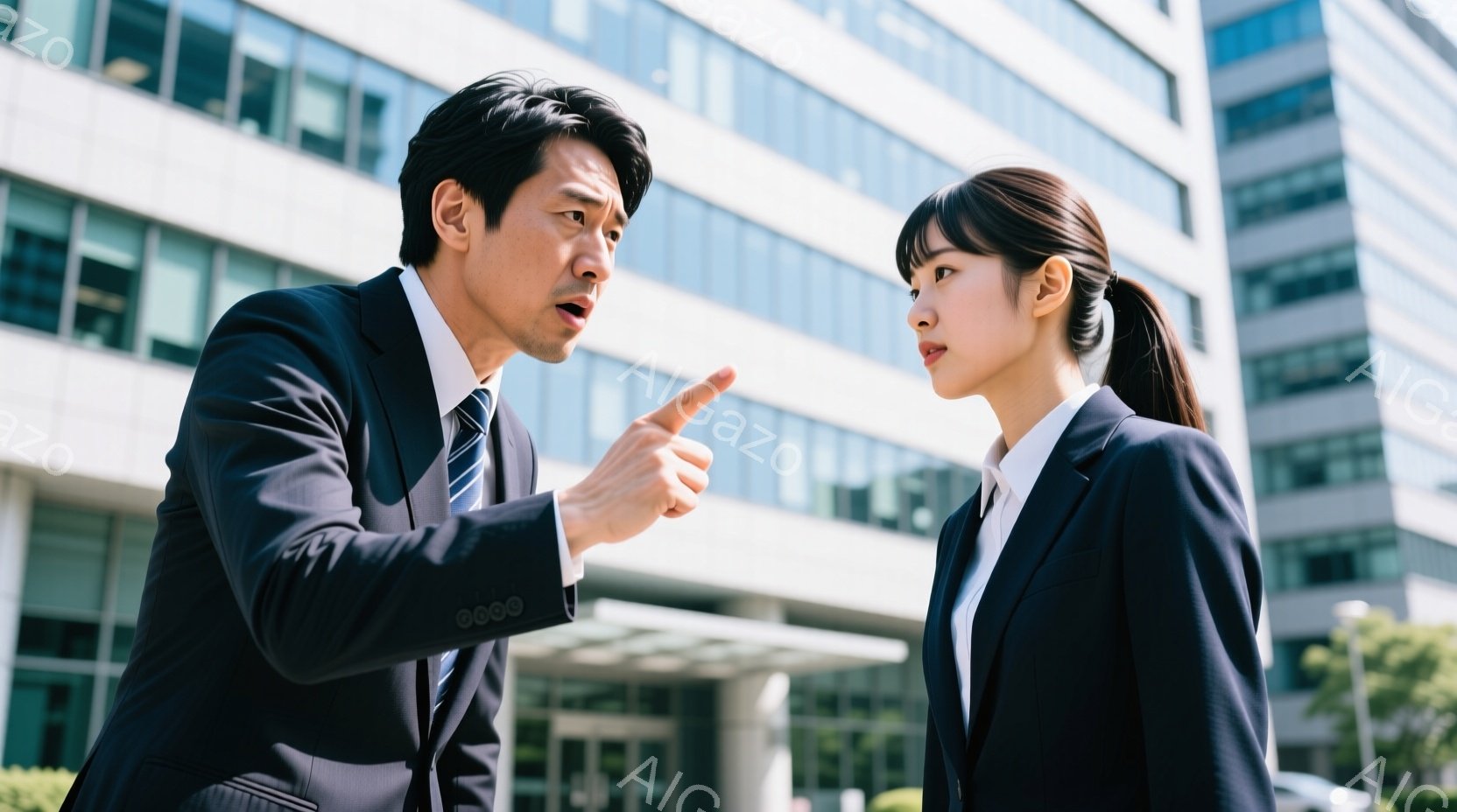 スーツを着た男性が、女性に対して何かを強く主張している様子がうかがえる。男性は片手を挙げ、女性を見据えて口を開けており、表情は険しい。背景にはガラス張りの近代的なビルがそびえ立ち、晴れた日の屋外で撮影 - AI生成フリー素材