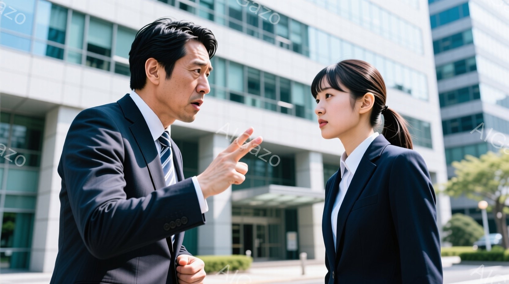 スーツを着た男性と女性が、建物の前に立って何かについて激しく議論している様子がうかがえます。男性は指を立てて何かを指摘しており、女性は厳しい表情で彼を見つめています。背景には近代的な建物が立ち並び、晴天の下、緊張感のある空気が漂っています。