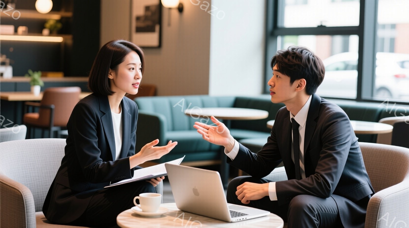 カフェのような場所で向かい合って座っている男女が写っています。女性は黒いスーツを着て髪を後ろにまとめ、何かを説明しているようなジェスチャーをしています。男性は黒いスーツにネクタイをしており、真剣な表情 - AI生成フリー素材