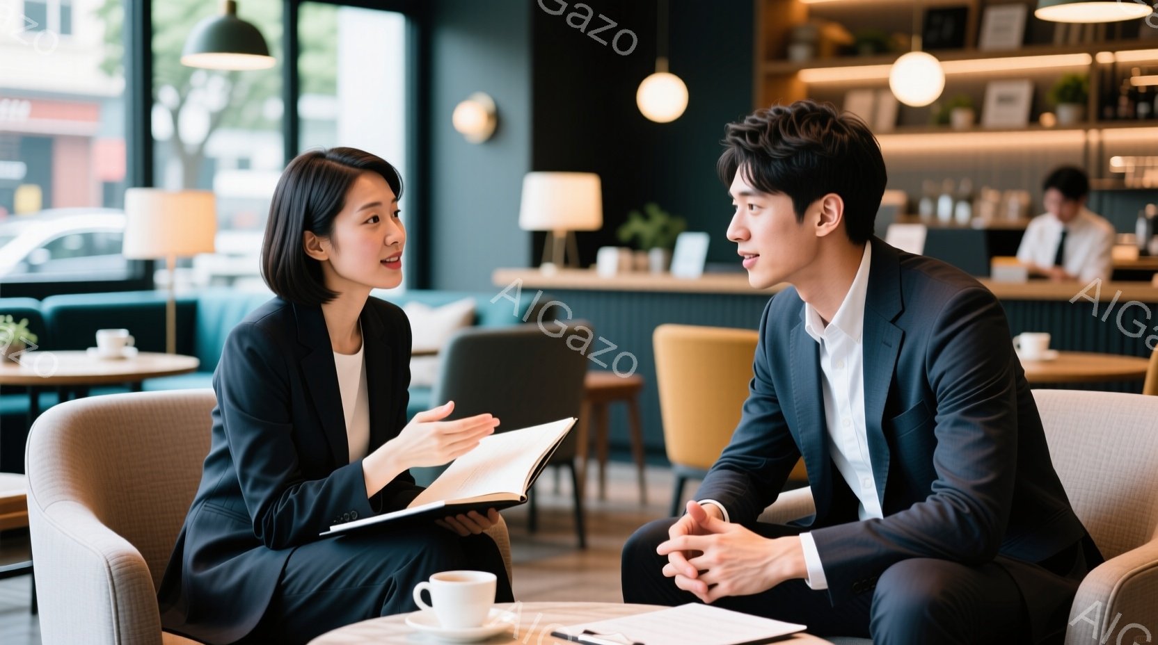 鮮やかなカフェの光の中で、一人の女性と男性が向かい合って座り、会話をしている様子が描かれている。女性は黒いジャケットを着ており、髪は後ろでまとめており、ノートを開いて何かを説明している。男性は紺色のスーツを着ており、指を組んで熱心に話を聞いている様子で、背景には他の客やカウンターが見え、全体的に洗練された雰囲気である。