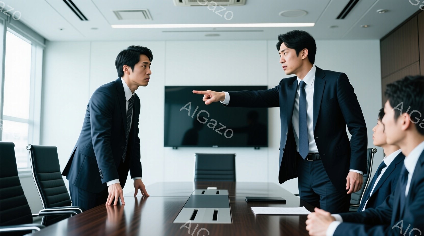 紺色のスーツを着た男性が、会議室のテーブルを指して強い表情で何かを訴えています。他の参加者も同様のスーツ姿で、テーブルを挟んで彼を見つめており、緊迫した雰囲気です。背景には、窓から差し込む自然光と、壁に取り付けられた黒いディスプレイが見えます。