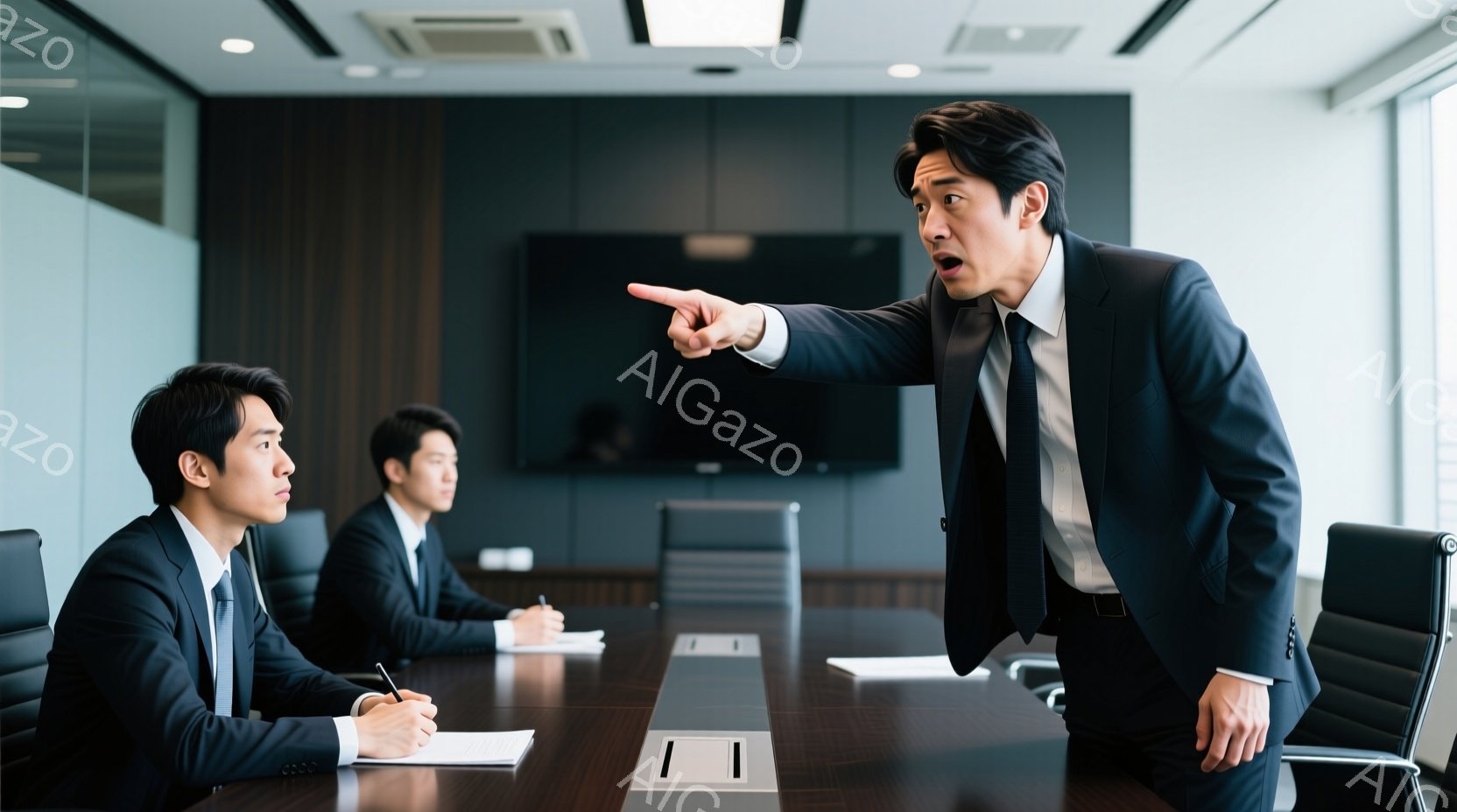紺色のスーツを着た男性が、会議室のテーブルを指差して強い表情で何かを主張している。他の2人の男性も同様の服装でテーブルを挟んで座っており、手にはペンを持っている。背景には黒い壁と大きな画面があり、室内は落ち着いた雰囲気だが、主張する男性の表情から緊迫感が漂っている。