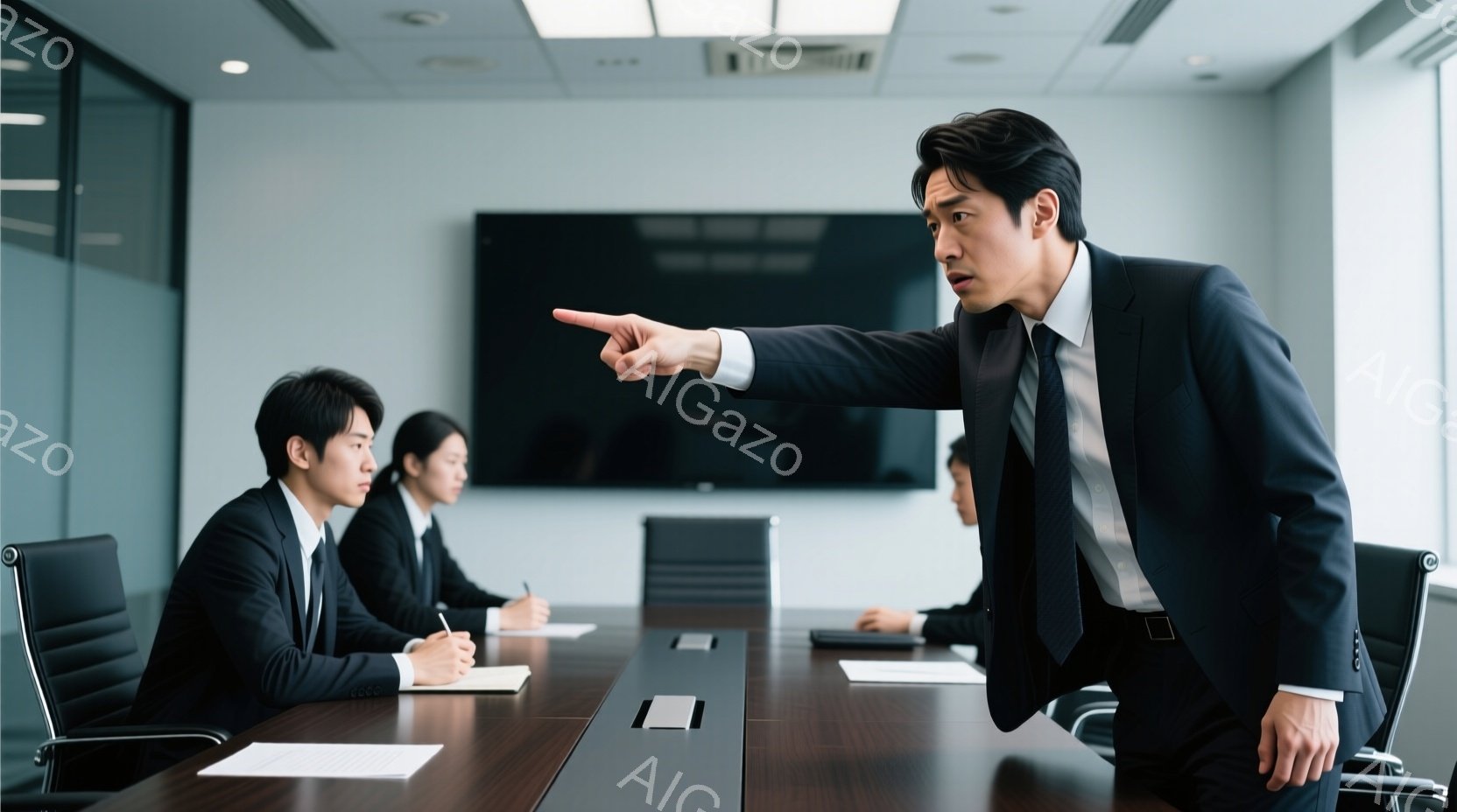一人の男性が会議テーブルを指し示し、強い表情で何かを主張している様子が描かれている。彼は黒いスーツにネクタイを締め、髪は短く整えられている。会議室には他の2人のビジネスマンが座り、メモを取っているが、彼らはやや焦点がぼやけており、主役は指差す男性である。