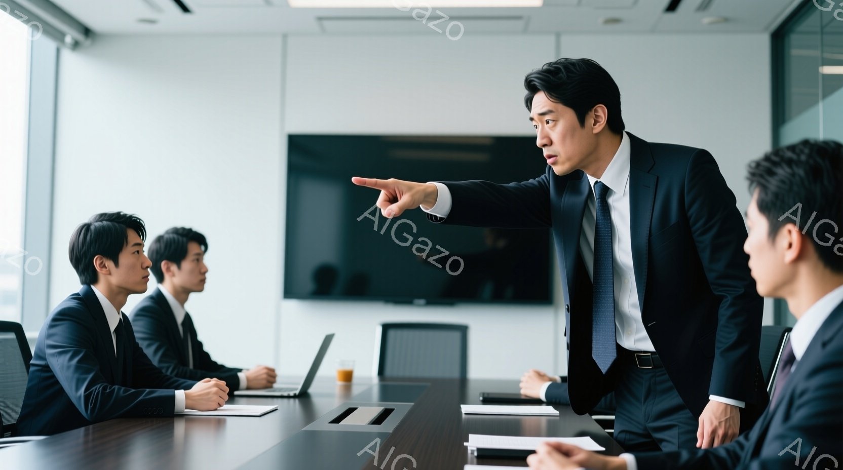 紺色のスーツを着た男性が、会議室で他の男性たちに向かって指を突き出し、何かを強く主張している様子がうかがえる。彼の表情は険しく、真剣な眼差しで、他の男性たちは皆、姿勢を正して彼を見つめている。背景には大きなモニターと整然と並べられた椅子があり、ビジネスシーンの緊張感が伝わる。