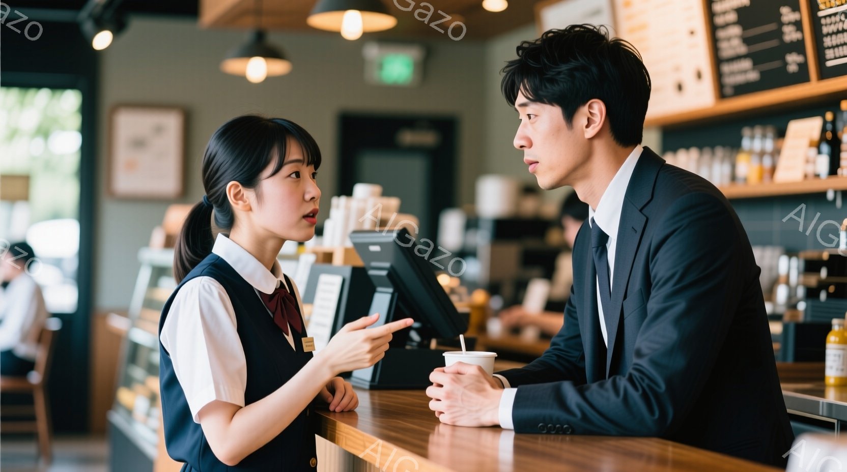 カフェのカウンターで女性店員と男性客が会話している様子が写っています。女性は白いシャツにベストを着用し、髪をポニーテールにしています。男性は黒いスーツを着ており、コーヒーカップを持って女性店員の方を見 - AI生成フリー素材