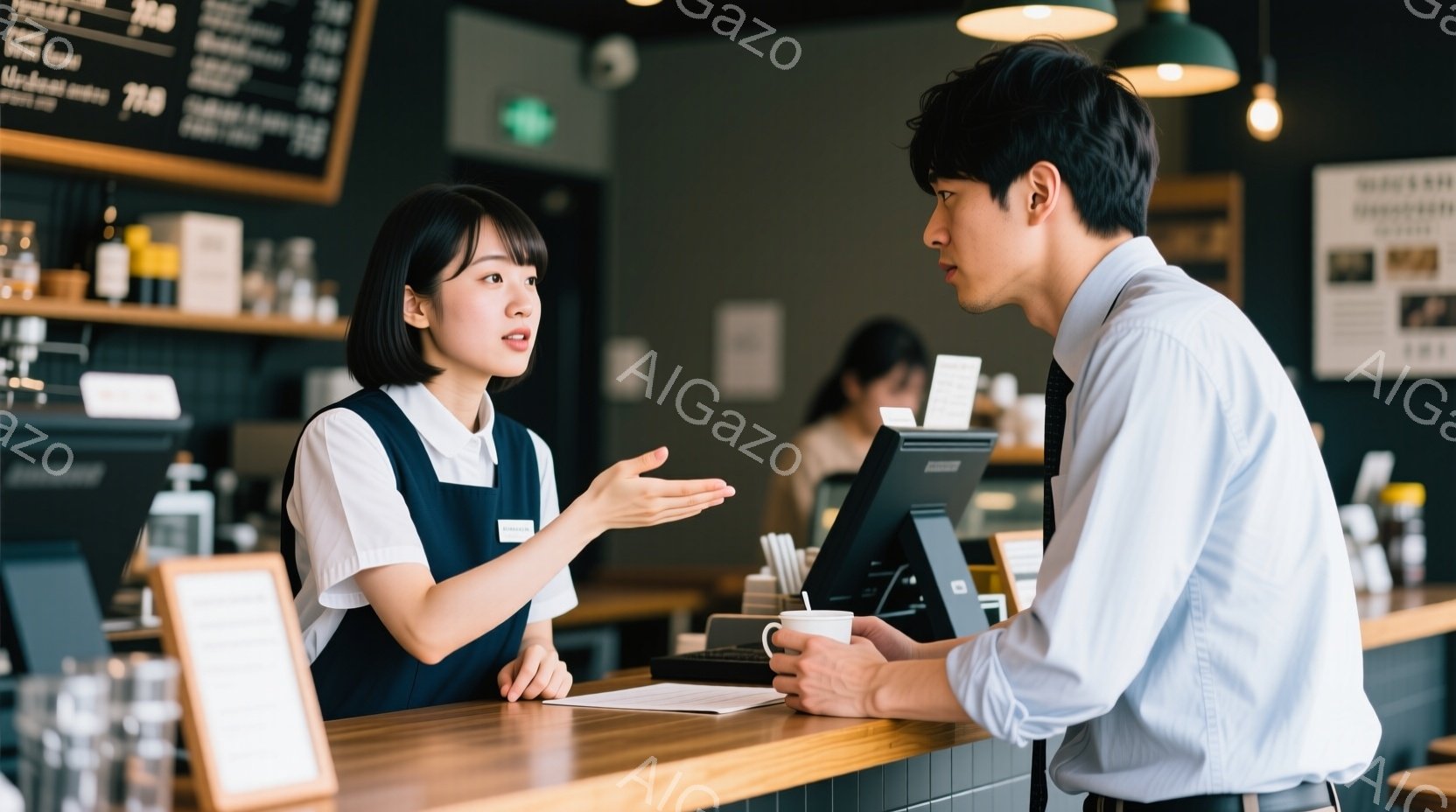 カウンター越しに、エプロン姿の女性店員が男性客に何かを説明している様子が写っています。女性は少し微笑み、片手を広げてジェスチャーを交えながら話しており、男性は白シャツにネクタイ姿で、コーヒーカップを持 - AI生成フリー素材