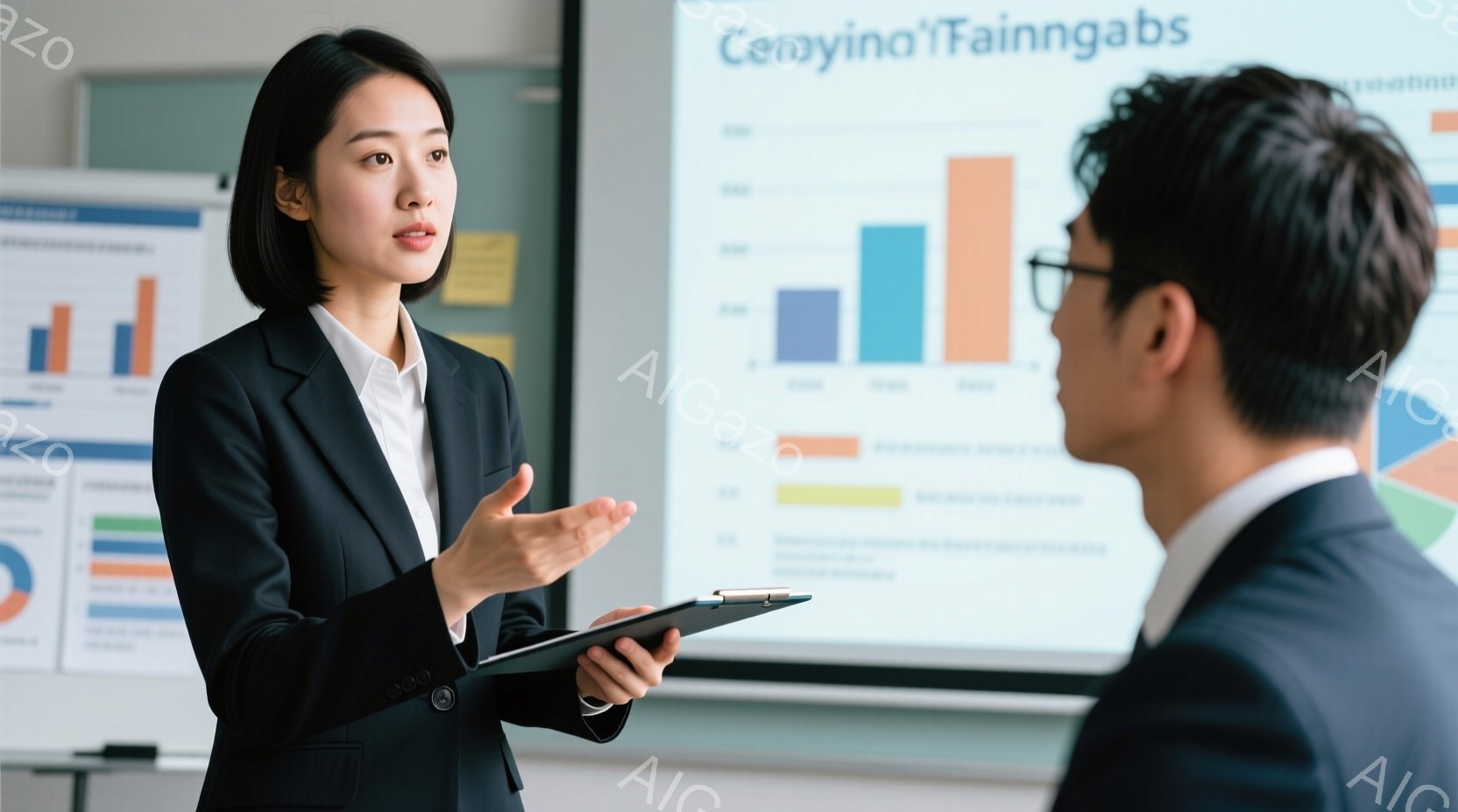 室内で、黒髪の女性が紺色のスーツと白いブラウスを着て、クリップボードを持って何かを説明しています。彼女は少し微笑み、真剣な表情で、相手に向かって手を広げています。背景にはグラフが描かれたボードがあり、ビジネスシーンを連想させる落ち着いた雰囲気です。