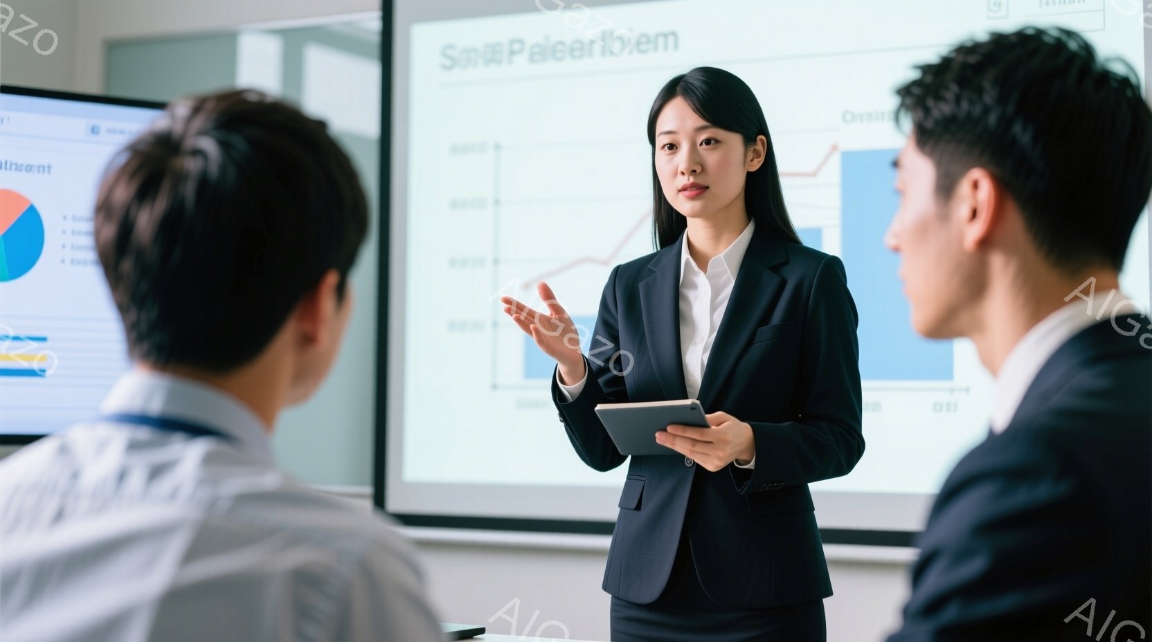 紺色のスーツを着た女性が、タブレットを手にしながらプレゼンテーションを行っている。彼女は髪を後ろにまとめ、真剣な表情で何かを説明しているようだ。背景にはグラフが表示されたスクリーンがあり、2人の男性が彼女に注目している様子が伺える。