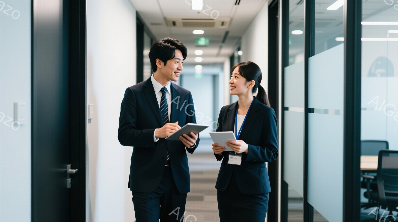 廊下で、一人の男性と一人の女性がタブレットを手にしながら互いに向き合って話しています。男性は紺色のスーツにネクタイ、女性は紺色のスーツに白いブラウスを着ており、両者とも笑顔で、表情は明るいです。背景は - AI生成フリー素材