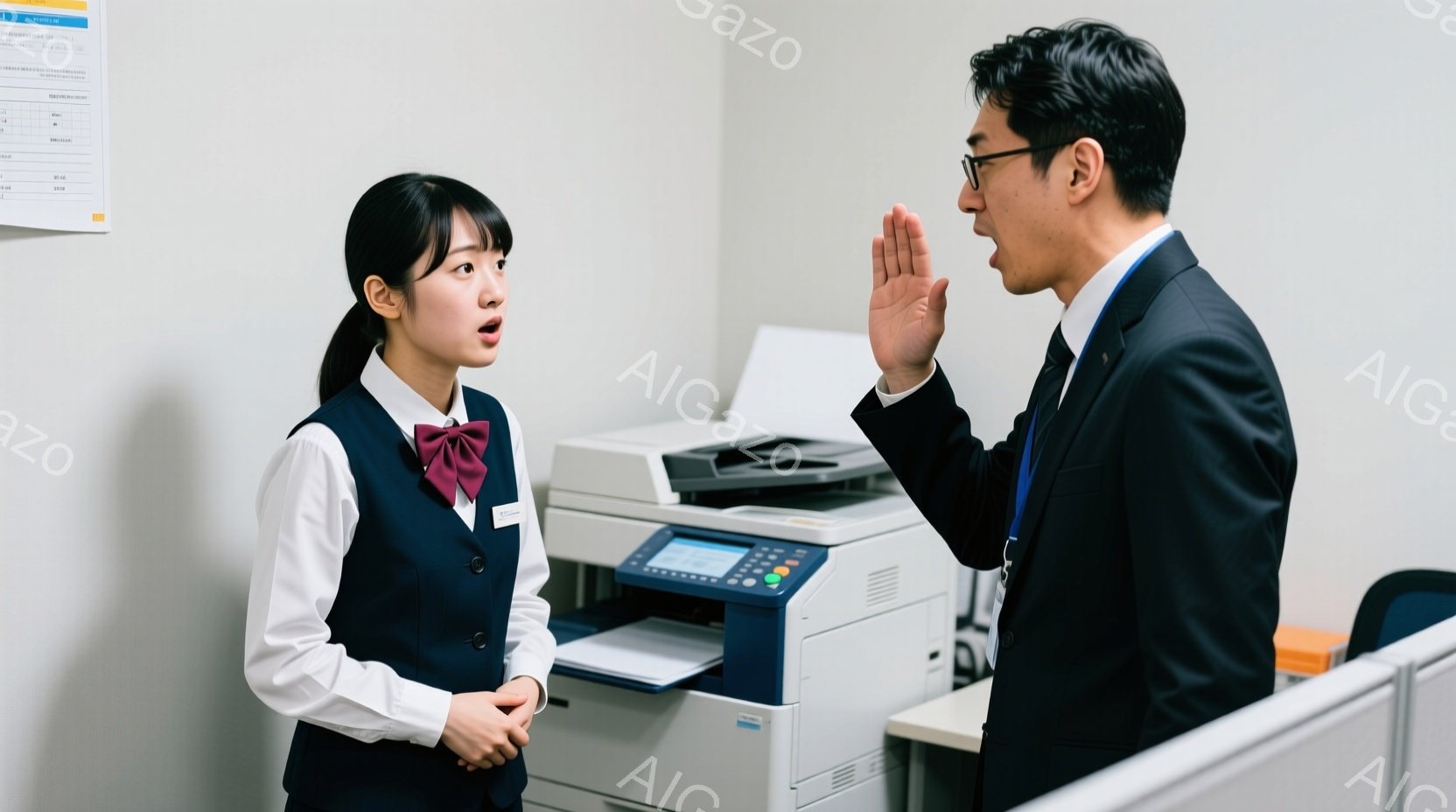 白衣と濃紺のベスト、リボンタイを着用した若い女性が、やや驚いた表情で複合機を見つめている。彼女の隣には、黒いスーツ姿の男性が手を挙げて何かを説明している様子で、真剣な表情を浮かべている。背景はオフィス - AI生成フリー素材