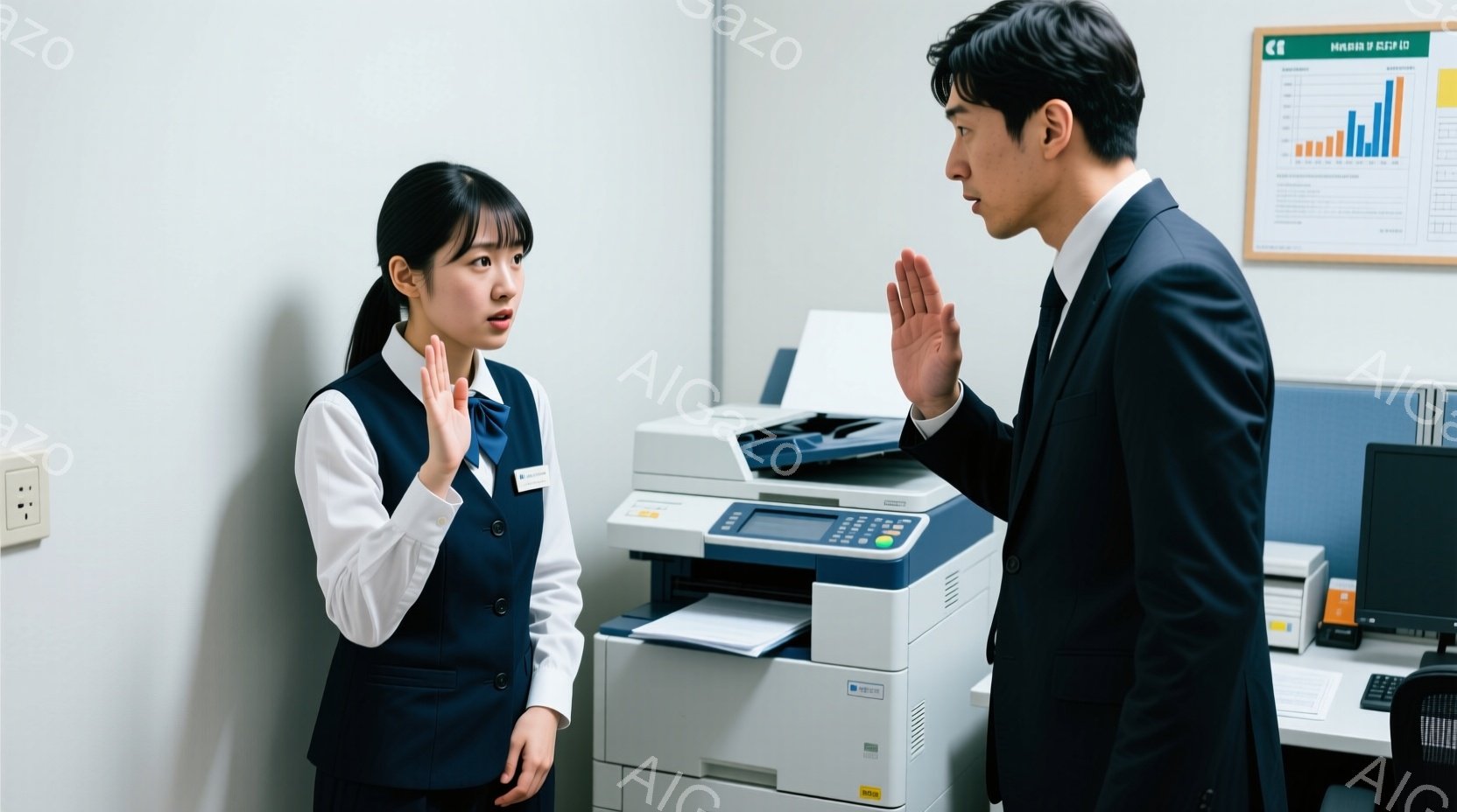 女性と男性がオフィスにいる様子が写っています。女性は紺色のベストと白いブラウスを着ており、困惑した表情で何かを説明しているようです。男性は黒いスーツを着て、片手を上げて何かを制止しているようなポーズをとっており、少し厳しい表情をしています。