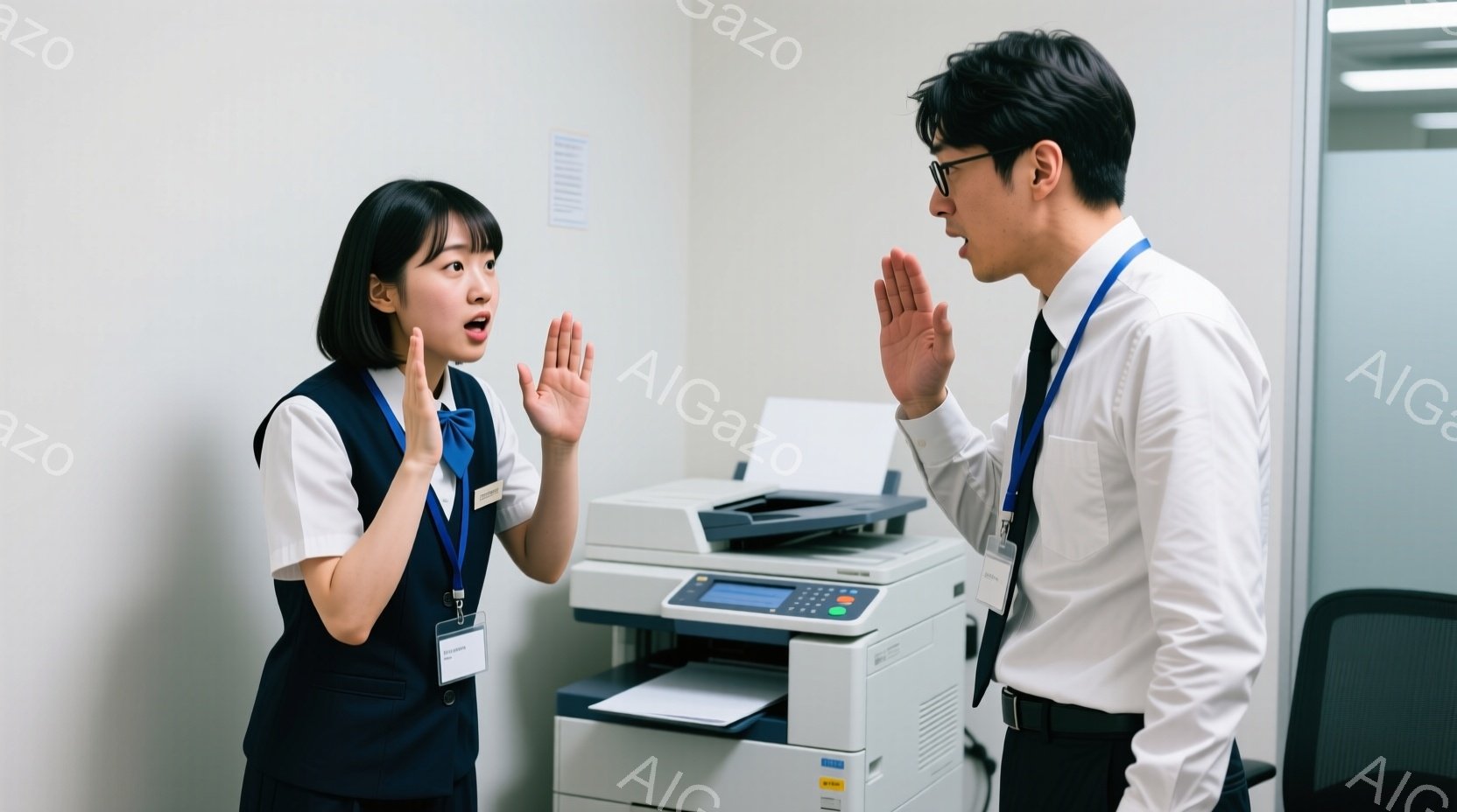 女性は紺色のベストと白いブラウスを着て、顔を驚いた表情で大きく開け、両手を広げて何かを制止しているように見える。男性は白いシャツにネクタイ、IDカードを下げており、口元に手を当てて何かを訴えかけている。背景にはコピー機があり、オフィスの一室のような白い壁とシンプルな内装が見られる。