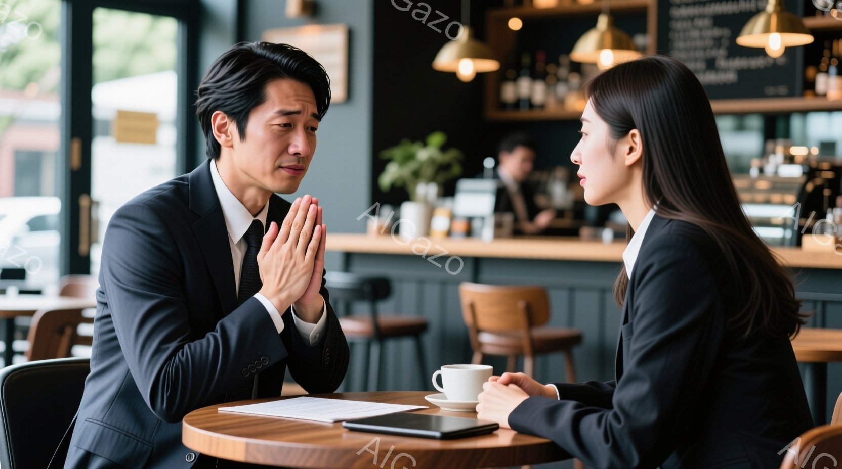 ビジネススーツを着た男性と女性がカフェの丸いテーブルを挟んで向かい合って座っています。男性は両手を合わせて祈るような姿勢で、やや困った表情をしています。背景にはカウンターとコーヒーカップが並び、カフェ - AI生成フリー素材