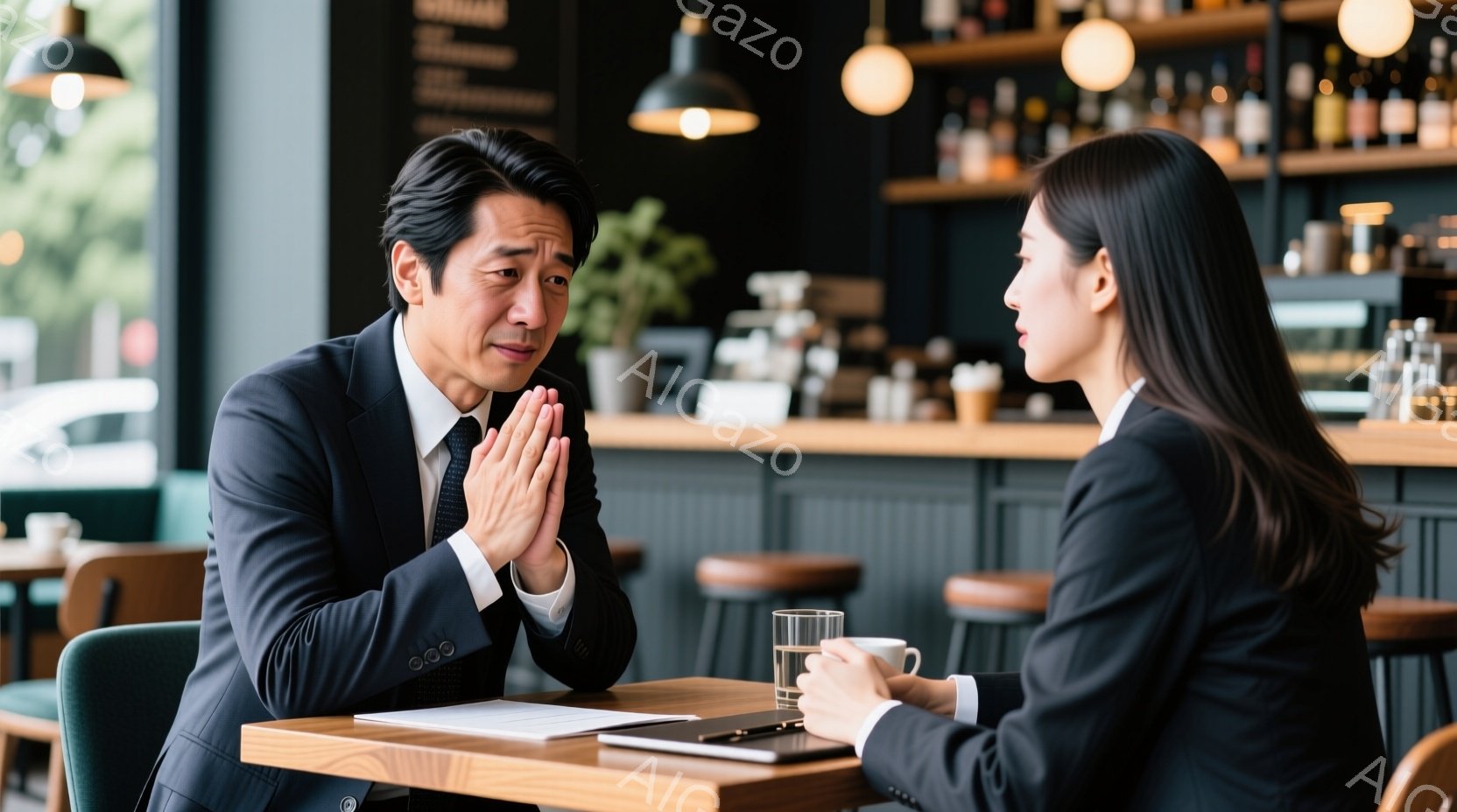 テーブルを挟んで向かい合って座る男女が写っています。男性は濃い紺色のスーツを着ており、少し緊張した表情で両手を組み合わせています。女性は黒いスーツに白シャツで、グラスを手にしながら男性を見つめており、 - AI生成フリー素材