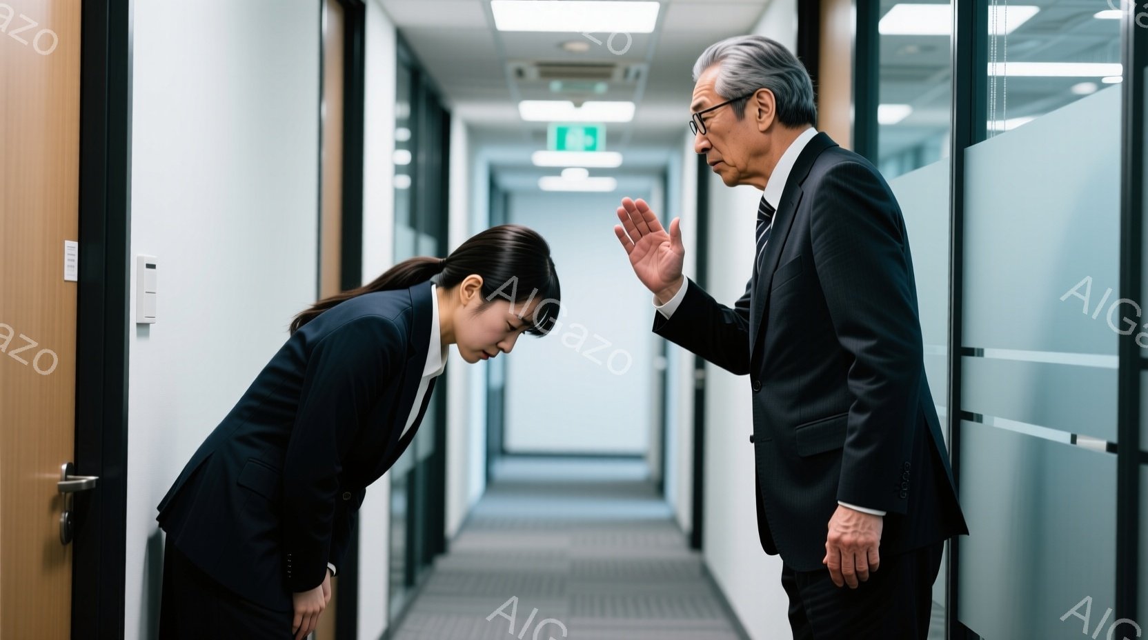 若い女性が深くお辞儀をして謝罪しており、黒いスーツに黒髪を後ろでまとめている。彼女の前に立つ年配の男性は、手を上げて何かを説明している様子で、黒いスーツを着ている。背景はオフィス内の廊下で、白い壁と床、そしてガラス張りの部屋が連なっている。