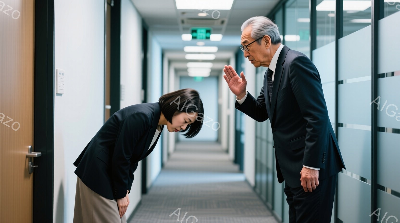 若い女性が深くお辞儀をしており、黒いジャケットとスカートを着用し、短い黒髪にしています。年配の男性はスーツ姿で、片手を挙げて何かを制止しているような仕草をしています。背景はオフィス内の廊下で、白を基調としたモダンなデザインで、遠くに扉が見えます。