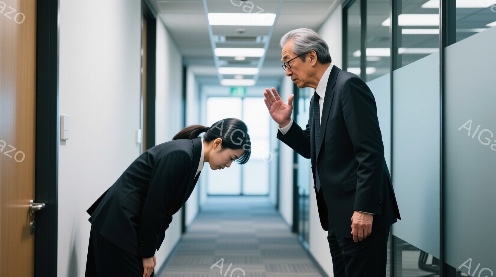 若い女性が深々と頭を下げて謝罪している様子で、黒いスーツに黒髪を後ろでまとめている。対面している年配の男性は、黒いスーツを着て手を上げて何かを制止しているような仕草をしている。背景はオフィス内の廊下で、白を基調としたモダンな空間が広がっている。