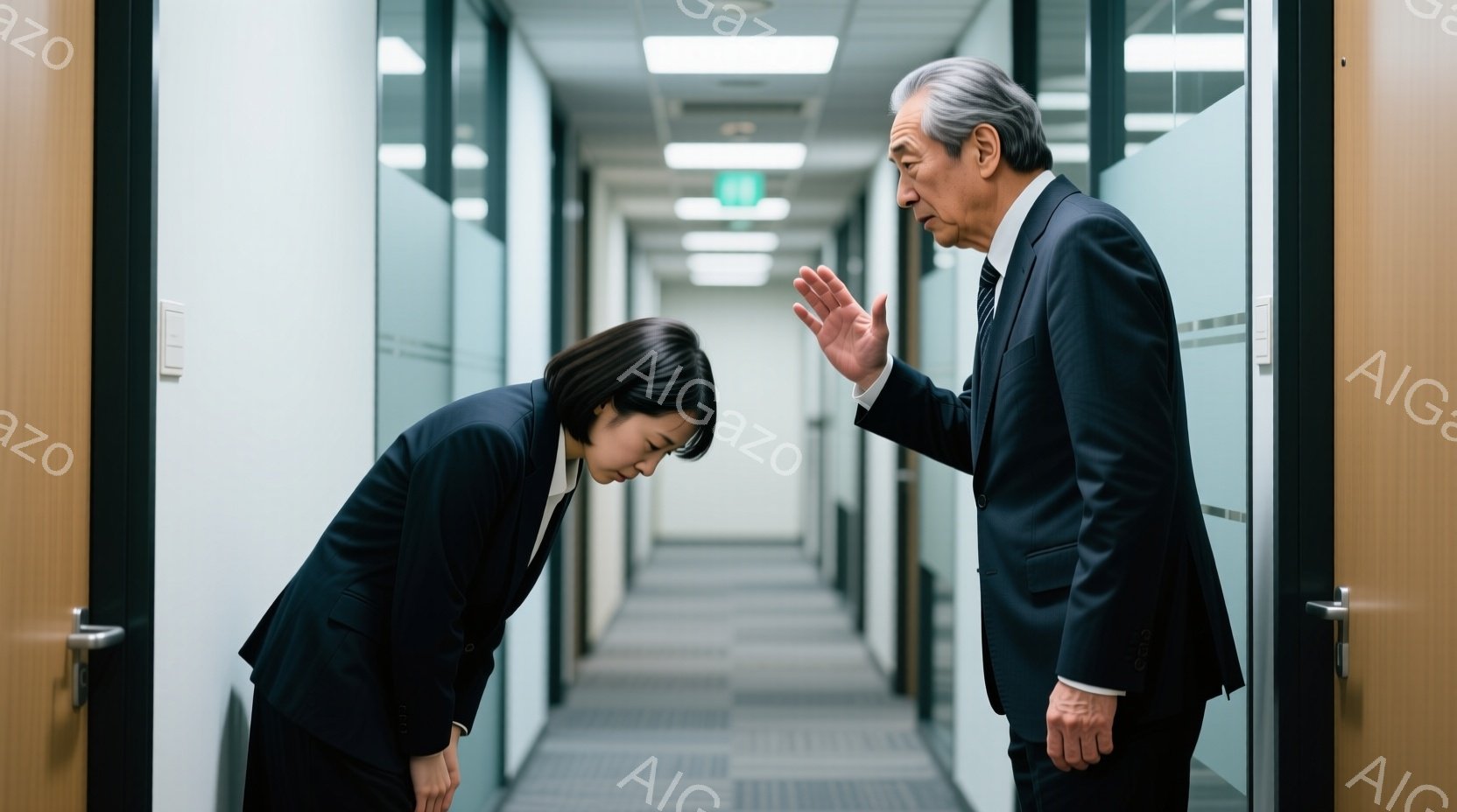 若い女性が深くお辞儀をして謝罪しており、黒いスーツを着て短い髪型にしています。年配の男性は黒いスーツを着て、片手を上げて何かを説明しているかのように見えます。二人は白い壁とドアが並んだ、オフィスや会社の廊下に立っており、全体的に真剣で少し緊張した雰囲気です。
