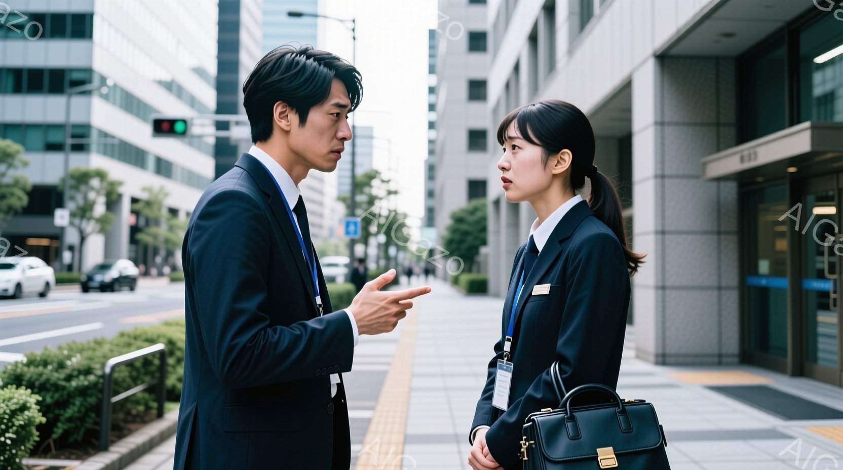 スーツを着た男性と女性が歩道で向き合って立っている。男性は少し身を乗り出し、何かを説明するように口を開けている。女性はやや険しい表情で、男性の言葉を聞いている様子で、手には黒いハンドバッグが掛かっている。
