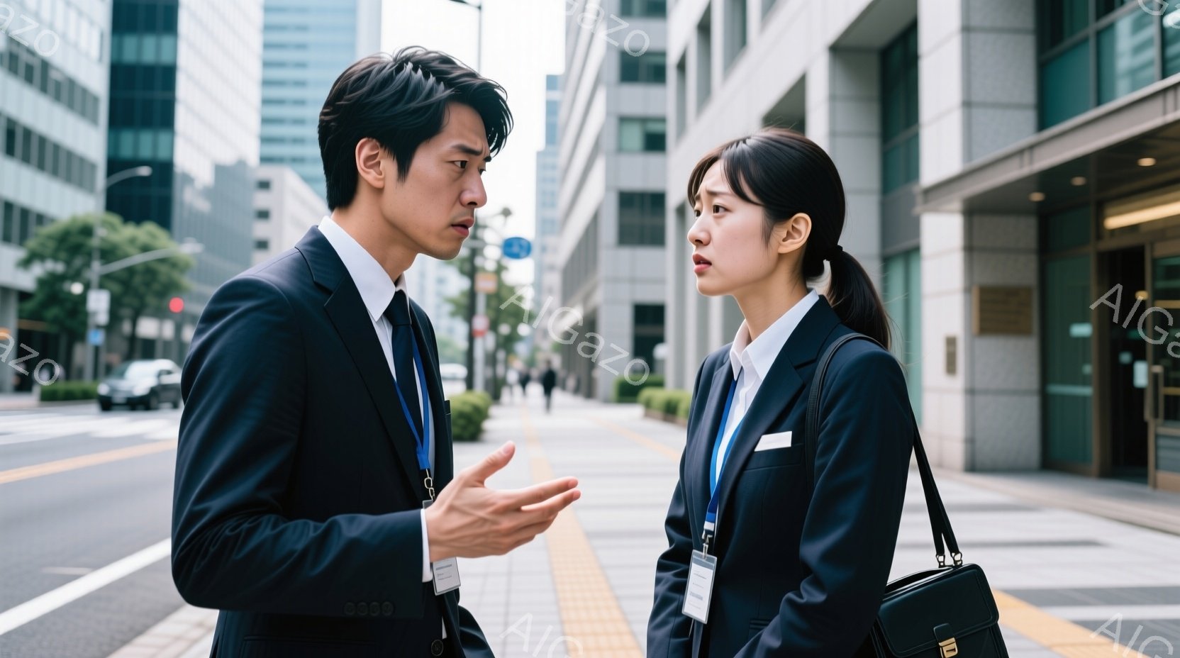 ビジネススーツを着た男女が歩道で向き合って話しています。男性は左手を広げて何かを説明しているような仕草をしており、女性は少し眉をひそめて真剣な表情をしています。背景には高層ビルが立ち並び、晴れた空と緑の木々が見え、ビジネス街の一日の様子が伺えます。