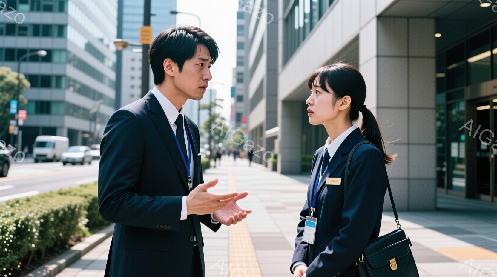 スーツ姿の男性と女性が歩道で向かい合って立っている。男性は片手を広げ、何かを説明している様子で、女性は少し眉をひそめ、彼を見つめている。背景には高層ビルが立ち並び、晴れた空と緑の植栽が見え、ビジネス街 - AI生成フリー素材