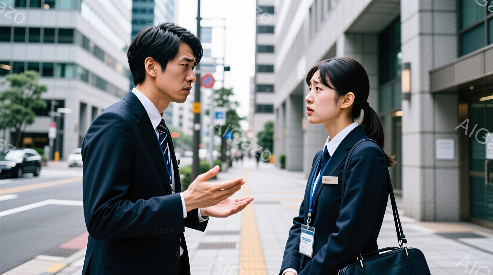 紺色のスーツを着た男性と女性が歩道で向かい合って立っている。男性は手を広げて何かを説明しているようなジェスチャーをしており、女性は少し困惑した表情で彼を見つめている。背景には近代的な高層ビルが立ち並び - AI生成フリー素材