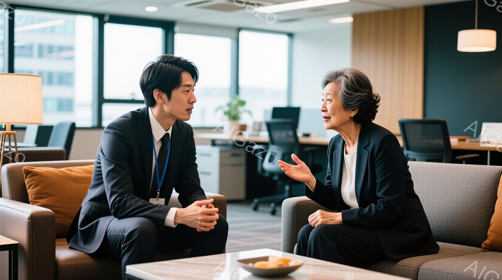 一人の若い男性と年配の女性が、明るいオフィスのような場所でソファーに座って会話しています。男性は黒いスーツを着ており、真剣な表情で女性を見つめています。女性はグレーのスーツに白のブラウスを着ており、身 - AI生成フリー素材
