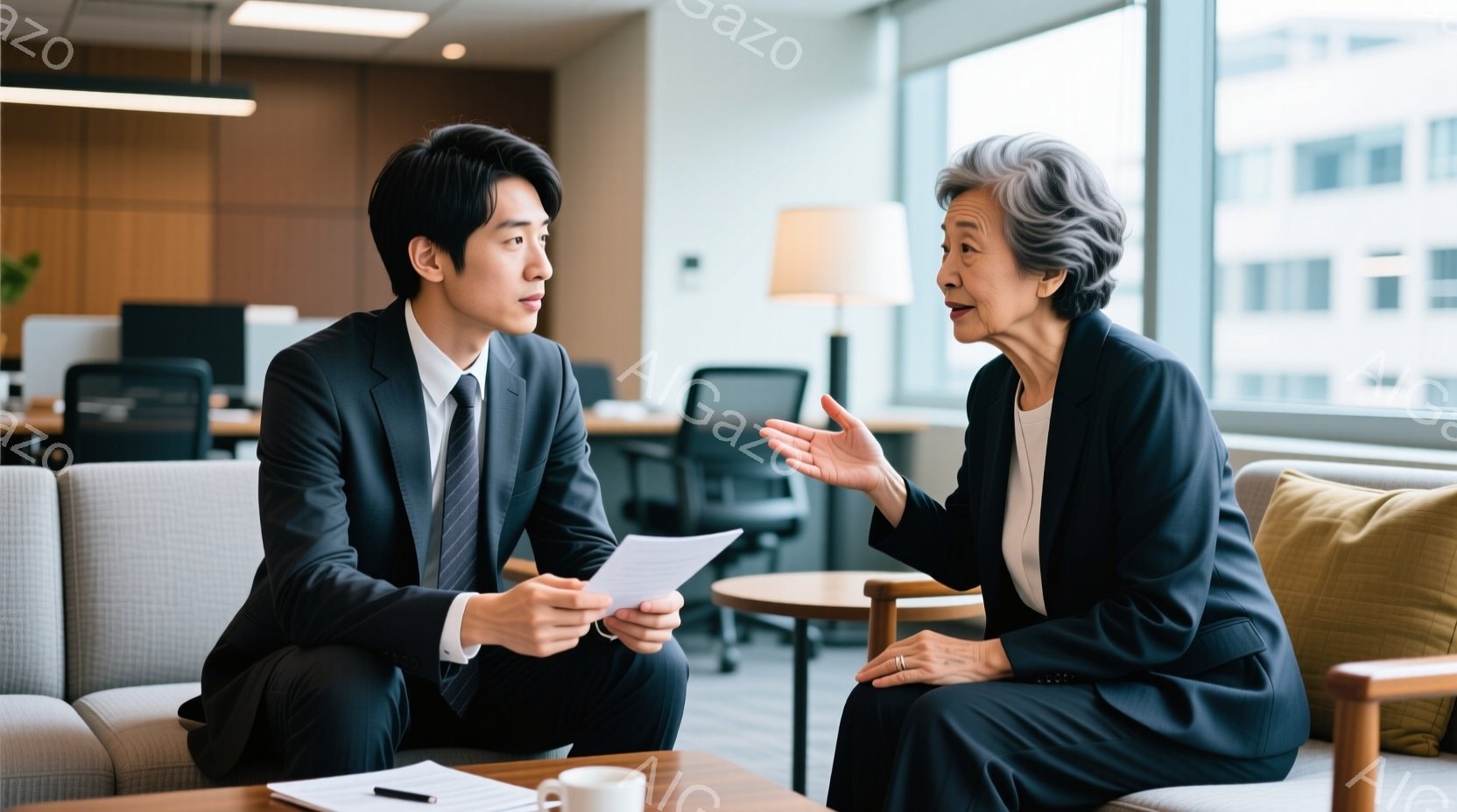 一人の若い男性と年配の女性が、明るいオフィスのような場所で向かい合って座っています。男性はスーツを着ており、何か書類を手に持っています。女性はグレーの髪で、黒いスーツを着て、何かを説明しているようなジ - AI生成フリー素材