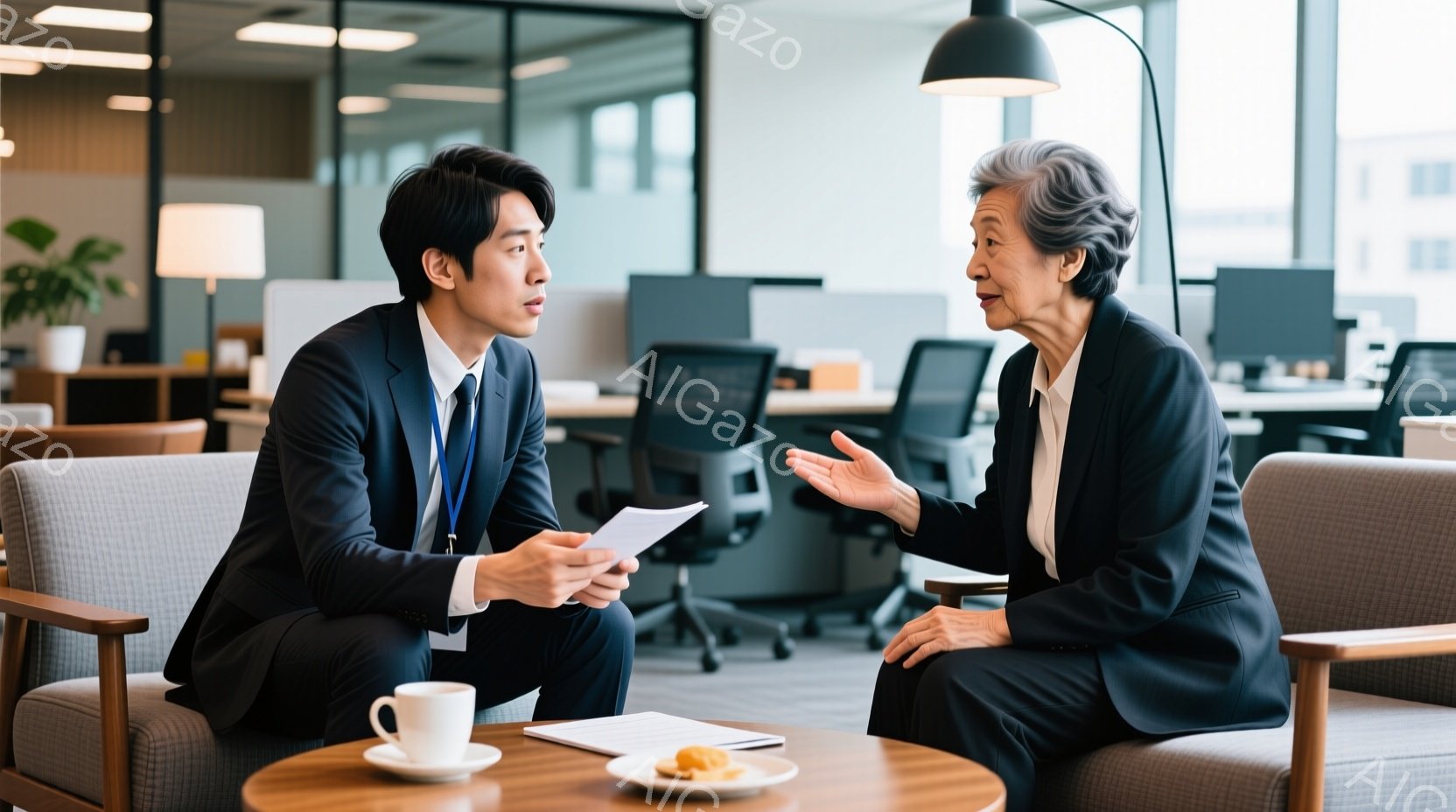 紺色のスーツにネクタイを締めた若い男性と、黒いスーツの女性がリラックスした雰囲気で対面して座っています。男性は書類を手に何かを説明しているようで、女性は身振り手振りを交えながら話を聞いています。背景に - AI生成フリー素材