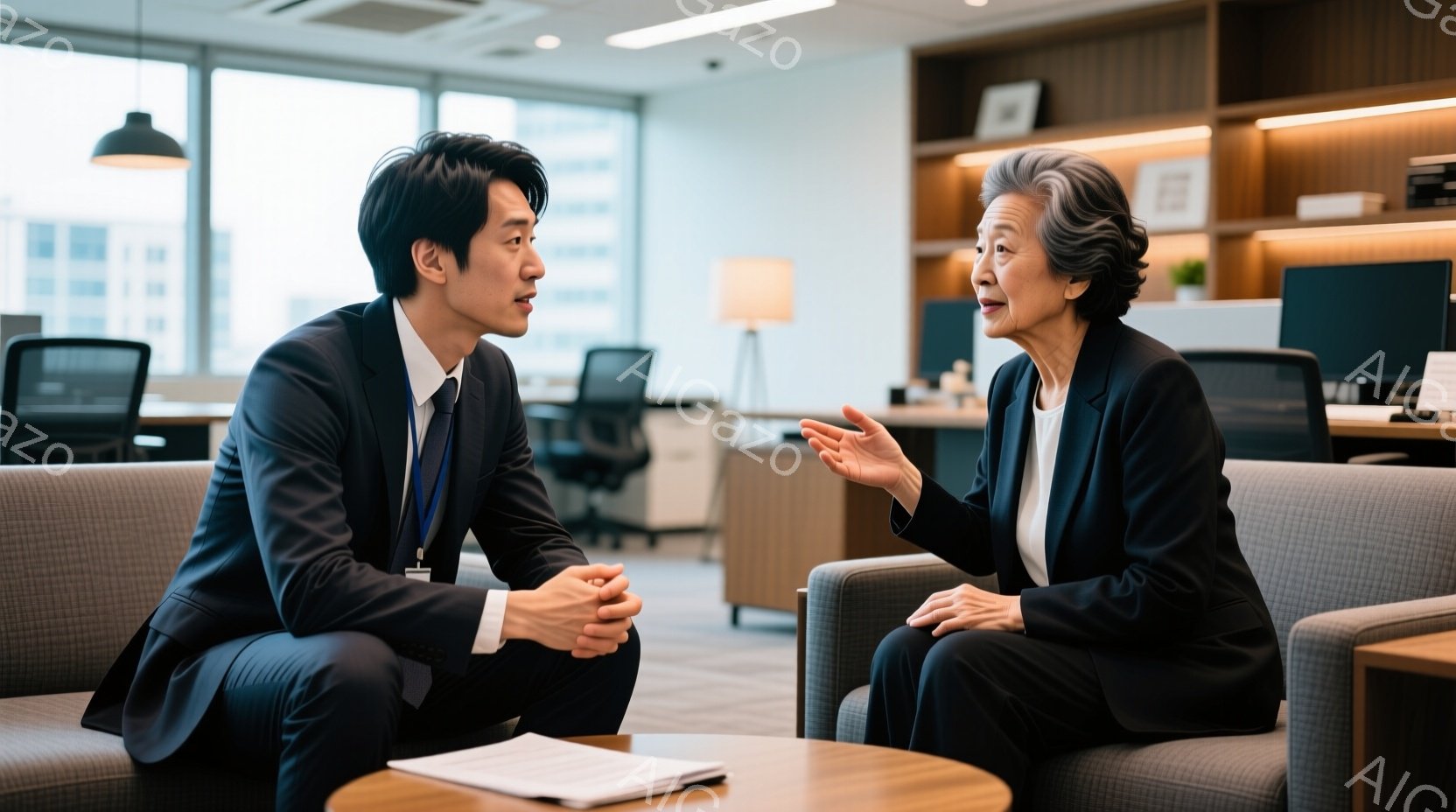 ビジネススーツを着た若い男性と、グレーの髪で同じくスーツを着た年配の女性が、明るいオフィスで向かい合って座っています。男性は腕組みをして女性の言葉に耳を傾けており、女性は何かを説明するかのように手を広 - AI生成フリー素材