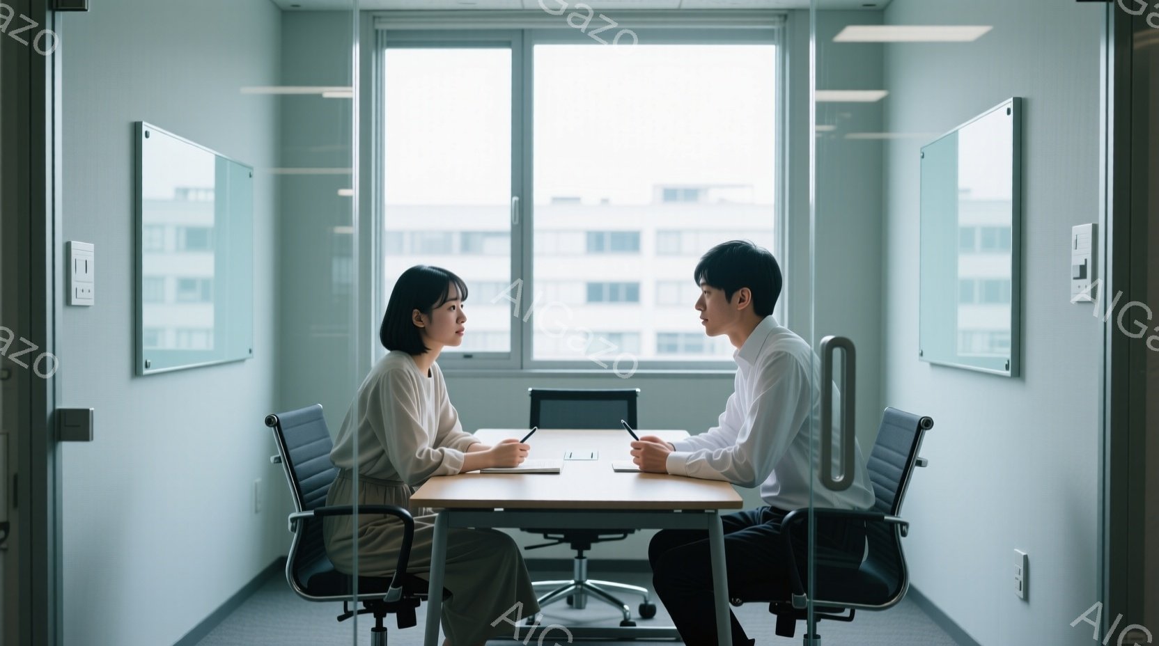 明るい部屋で、一人の女性と一人の男性が机を挟んで向き合って座っている。女性は薄いベージュのシャツを着ており、短めの黒髪で、やや緊張した表情をしている。男性は黒いスーツを着ており、真剣な表情で女性を見つめている。